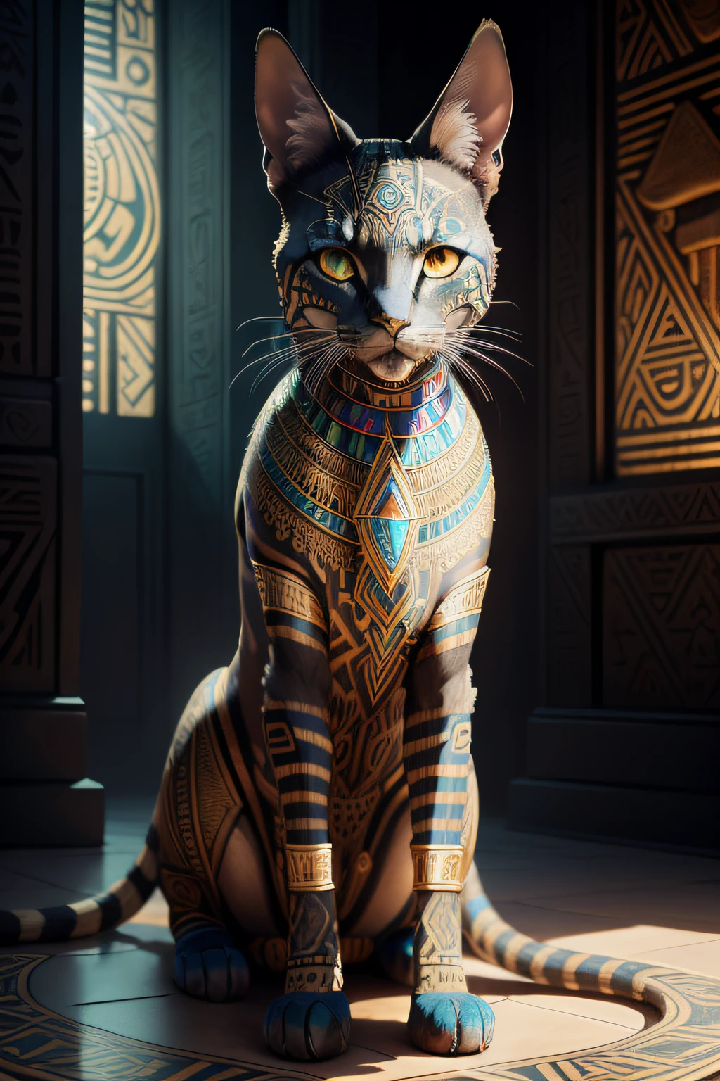 Egyptian Bastet:1.2, (colorido:1.2), Hans Giger, (zentangle:1.2), granulado, extremamente detalhado, detalhes intrincados, dynamic lighting, fotorrealista, luz natural, baixo h, obra prima, detalhado 8k
