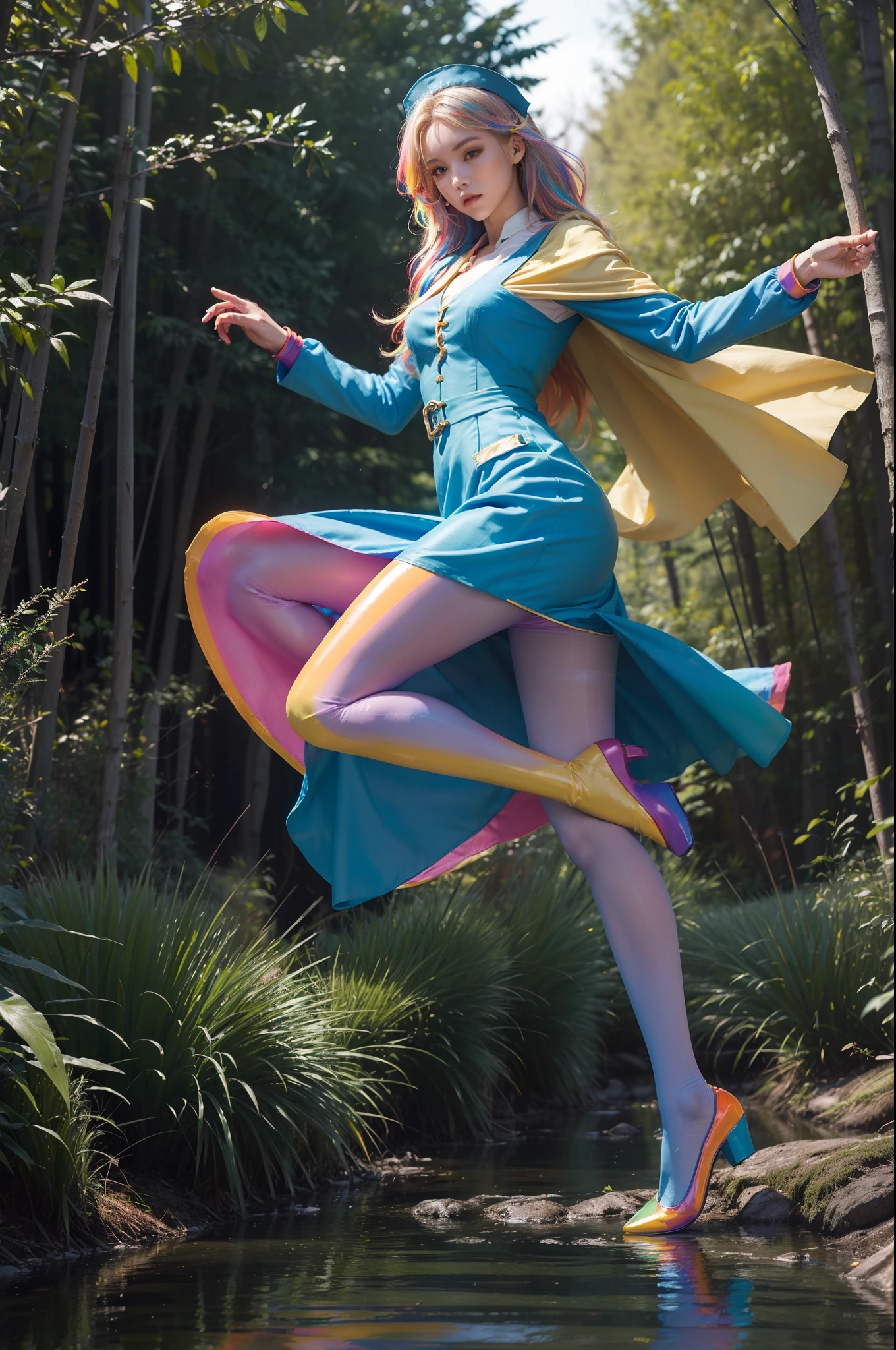 (full body:2)，(1girl:1.3),(view the viewer:1.4)，(anatomy correct:1.4),(((colorful pantyhose)):1.3), (pointed thick heels :1.3),,((Dancing By the creek in the forest):1.2),((Medieval female nurse's knee-length dress suit):1.3),(Extra Long blonde Hair:1.2),(Accurate and perfect face:1.3),(Long legs and big feet:1.3),((Polished clothing):1.2),((Skin reflection , Skin Gloss):1.2)，((((( colorful)))):1.5)，hyper HD, Ray traching, reflective light， structurally correct, Award-Awarded, high detail, lighten shade contrast, Face lighting ，cinematic lighting, masterpiece, super detailing, high quality, high detail, best quality, 16k，High contrast,