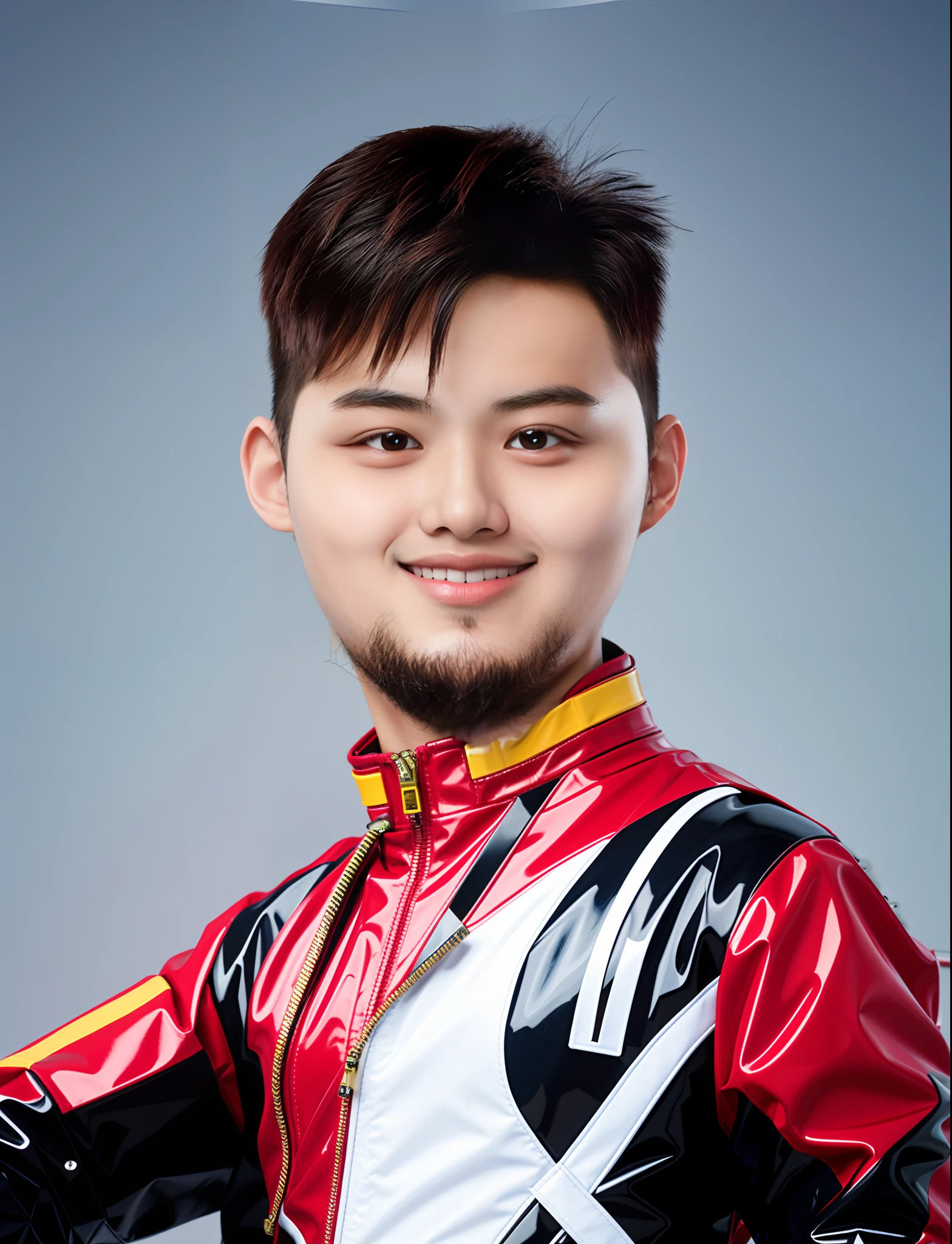 a high school boy，Wearing motorcycle leather，without hands