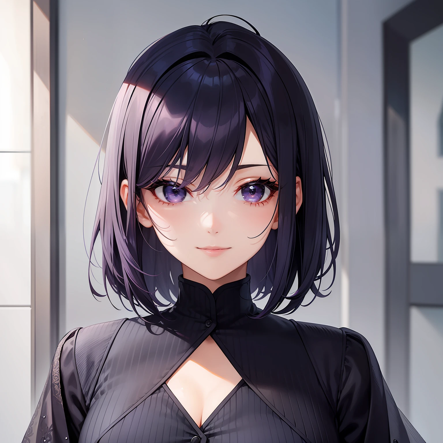 Woman, short dark blue-purple hair with gray strands, bob hairstyle, gray eyes, French royal strict suit, calm look and calm smile, many details, lipstick