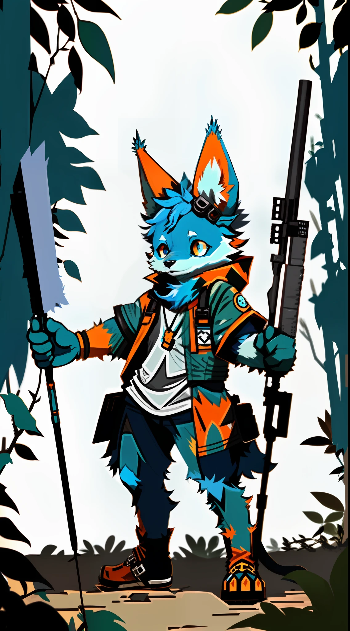 A wolf-eared beast with a height of one meter and six meters，Blue fur，Light blue eyes，With a slight orange pattern，Extremely cute，Lurk in the jungle，Sniper rifle in hand
