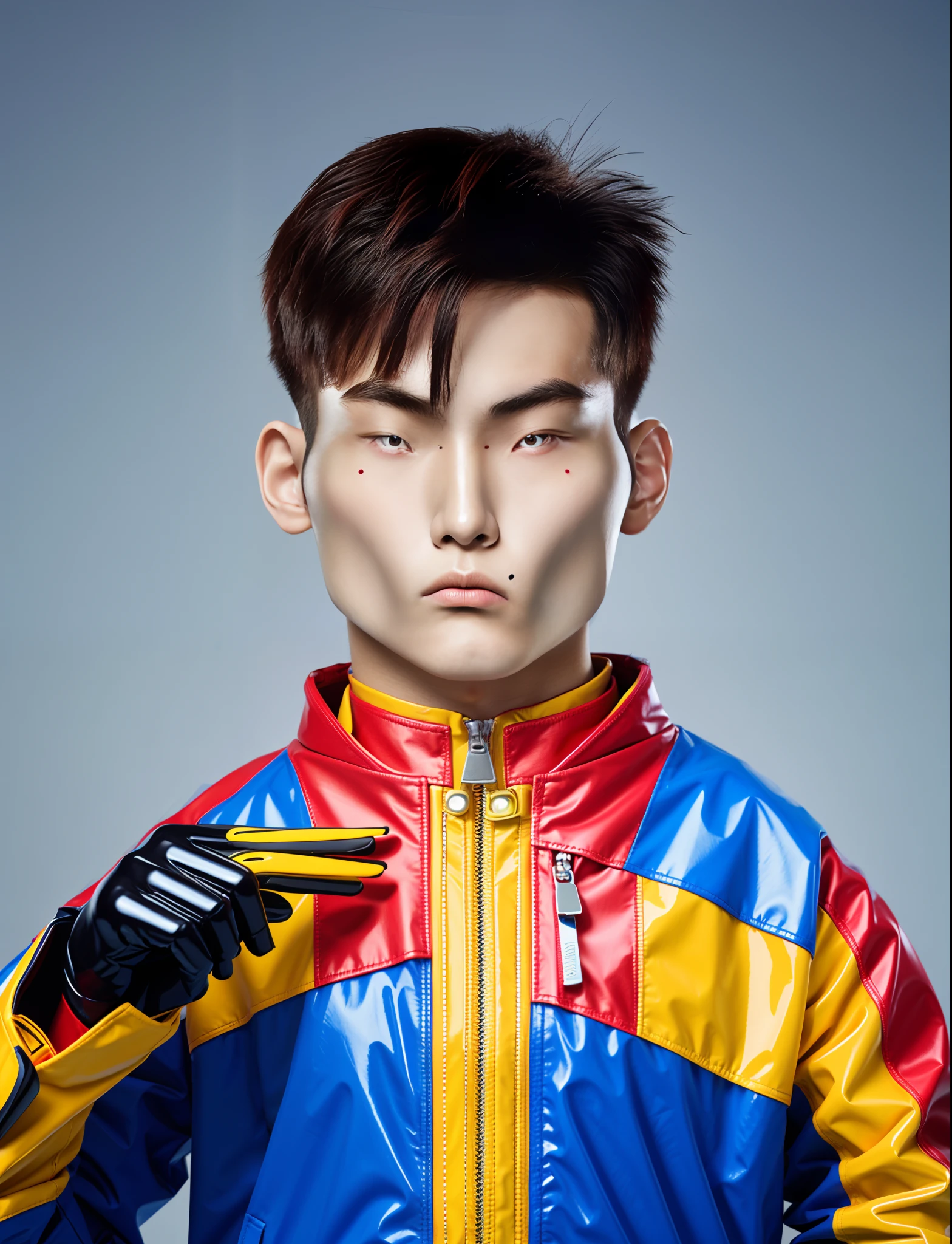 Handsome Chinese male high school student,Wearing PVC red and yellow motorcycle suits,There are zippers,greybackground