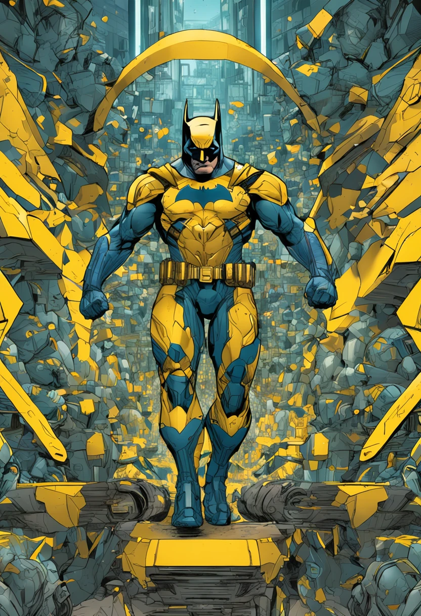 Um batman verde, amarelo e azul, brasileiro, realistic in a titanium cybernetic suit, detalhado, designe perfeito, alta qualidade arestas perfeitas e simetricas  ::n_desenho de estilo, Low-quality imperfection, boneco, jogo, anime