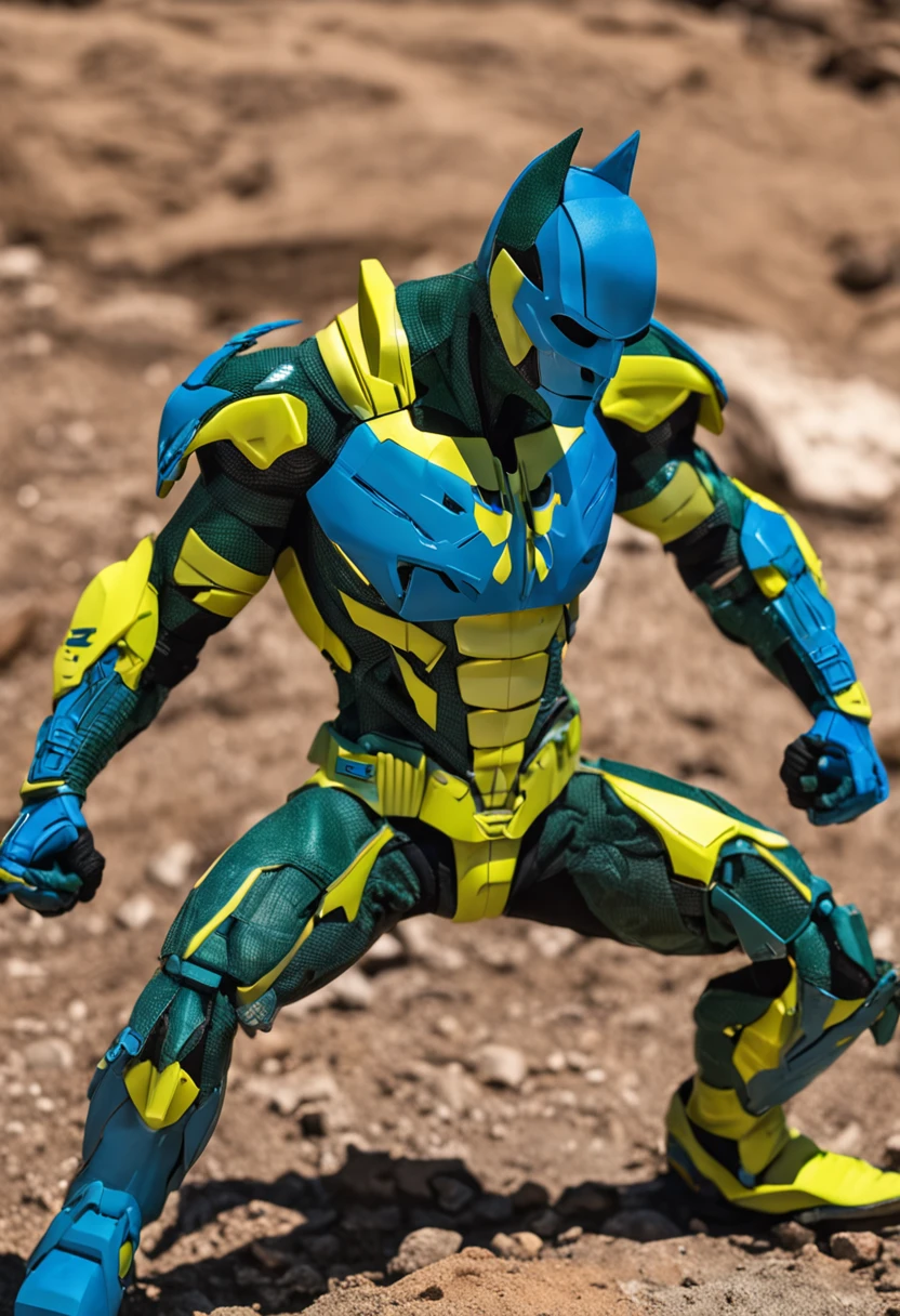 Um batman verde, amarelo e azul, brasileiro, realistic in a titanium cybernetic suit, detalhado, designe perfeito, alta qualidade arestas perfeitas e simetricas ::n_desenho de estilo, Low-quality imperfection, boneco, jogo, anime