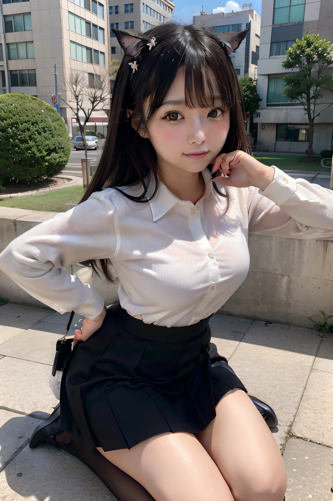 tokyolagii, Japan, Giantess, orelha de gato, franzir a testa leve, olhando para baixo, heaven, camisa branca pura, black skirt, Meias Lence pretas,Bloquear a luz solar, salto alto, Lift your feet, interromper, buildings collapsed