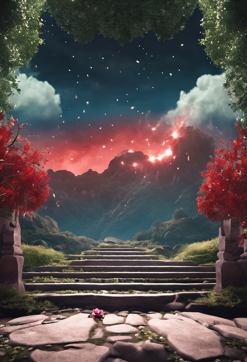 A red stone is in the lower middle position、There are subtle cracks in the stone、The earth is covered with grass、Small white flowers grow under the stones、Fireflies float in the sky、Intricate cloud details、8k、 Medium photography,、Beautiful lighting and realistic proportions、As if it were a movie backdrop,8k,HighestQuali,tmasterpiece、Poster design、Bokeh、Soft focus, dark halo, light leaks,。