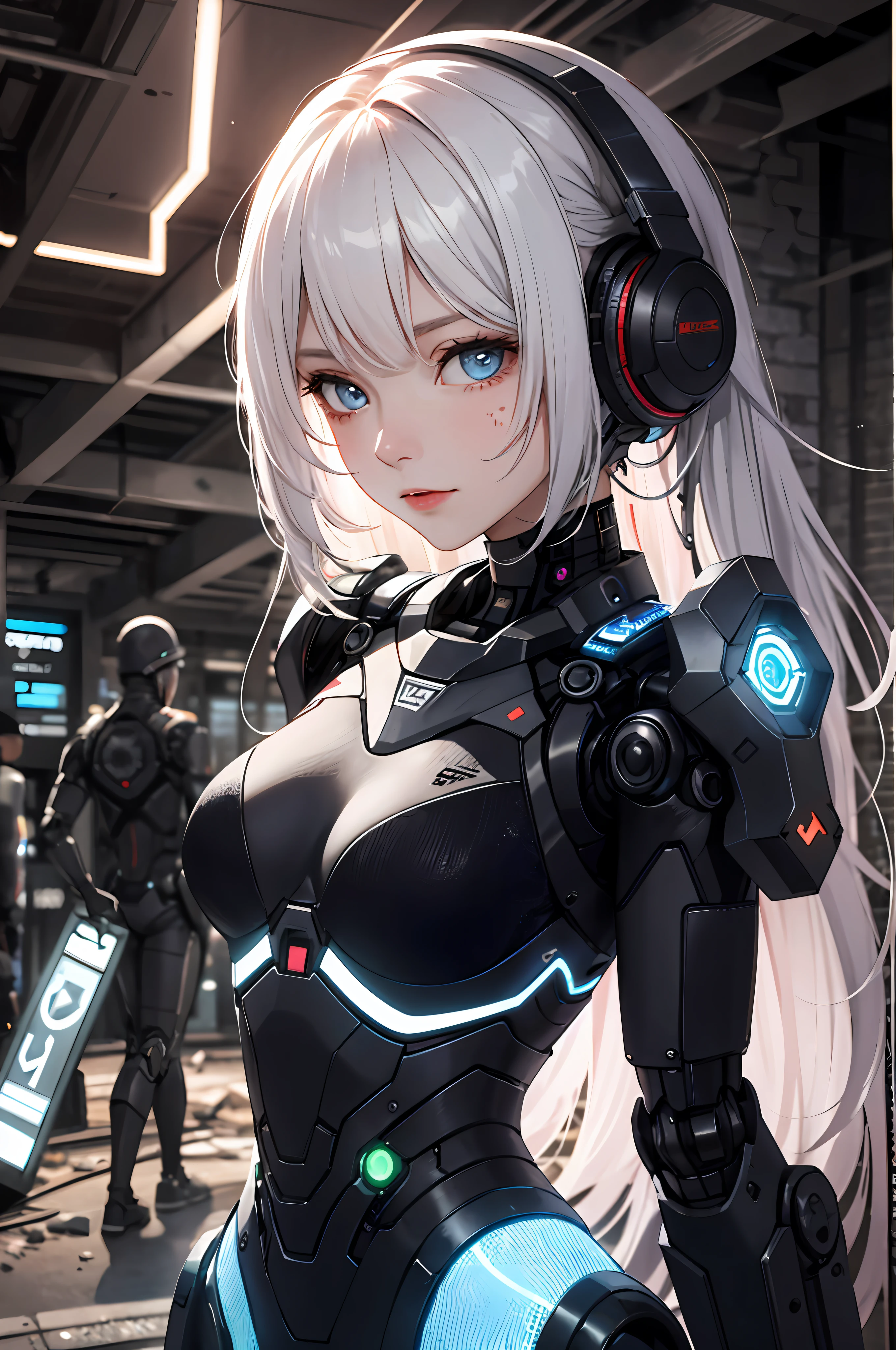 absurderes,A high resolution,Reflectors,refractions:1.4,super-fine:1.4,(真实感:1.4,超A high resolution,RAW photos),Break(cyber punk perssonage:1.3),droid,robot-girl,silber hair,The upper part of the body,Beautiful face and cool expression,In the dark and decaying ruins,(ultra-wide-angle:1.2),Take a break from below((neonlight,Vibrant glow,Dynamic colors,Vivid Contrast,Futuristic atmosphere,electric energy,shiny reflective surfaces))