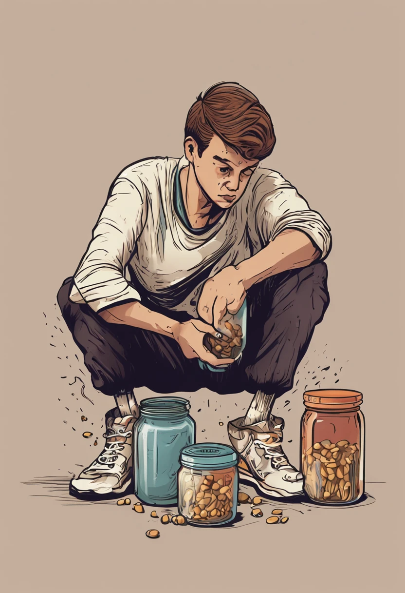 tiny teenage, throws up a (( jar )), fighting stance, white background, 1boy,