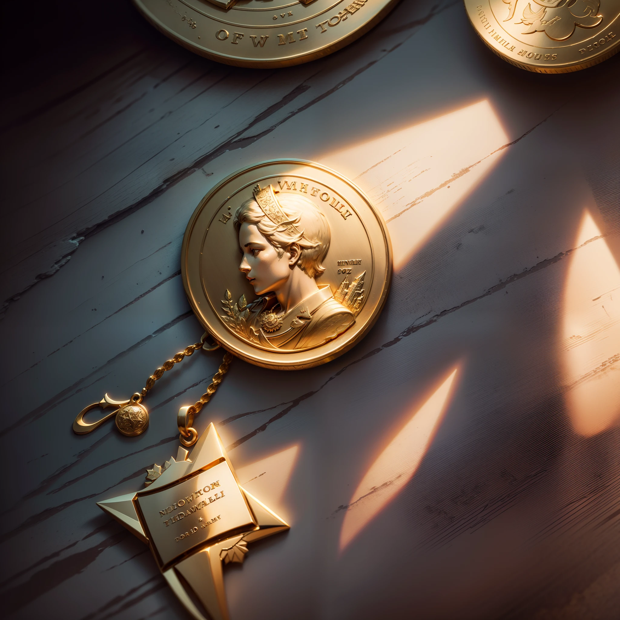 A digital virtual world pioneer medal,The medals contain elements of the city's landmarks,Commemorative,The medal contains a 3D visual representation,Gold medal material,The medals are displayed in full,Quality dark background --auto