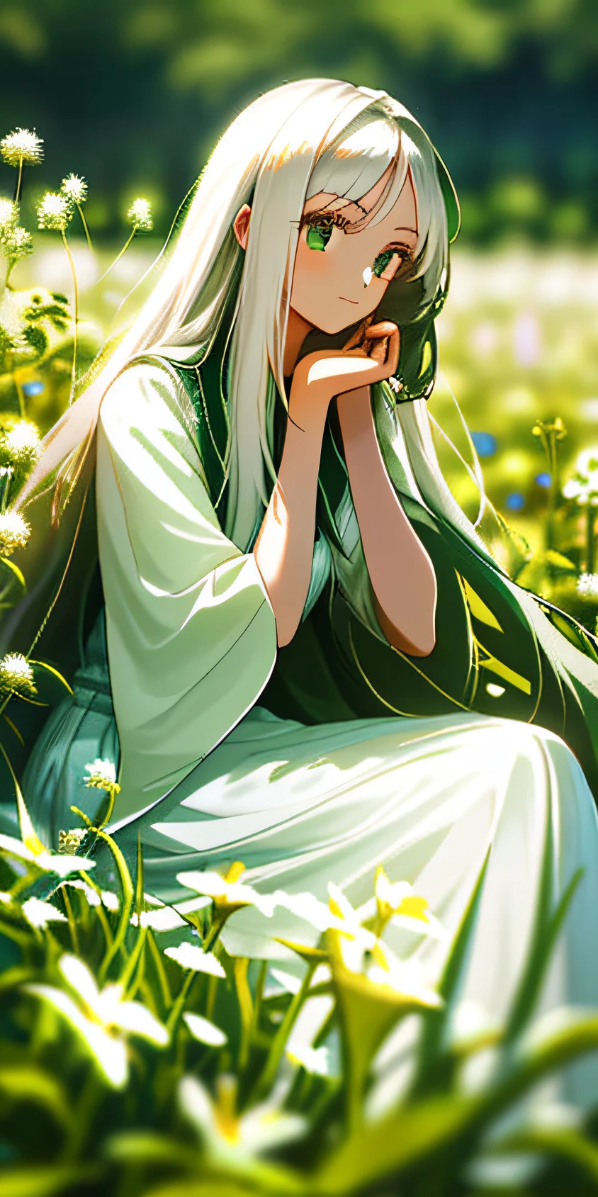 (masterpiece, best quality),1girl with long white hair sitting in a field of green plants and flowers, her hand under her chin, warm lighting, white dress, blurry foreground
