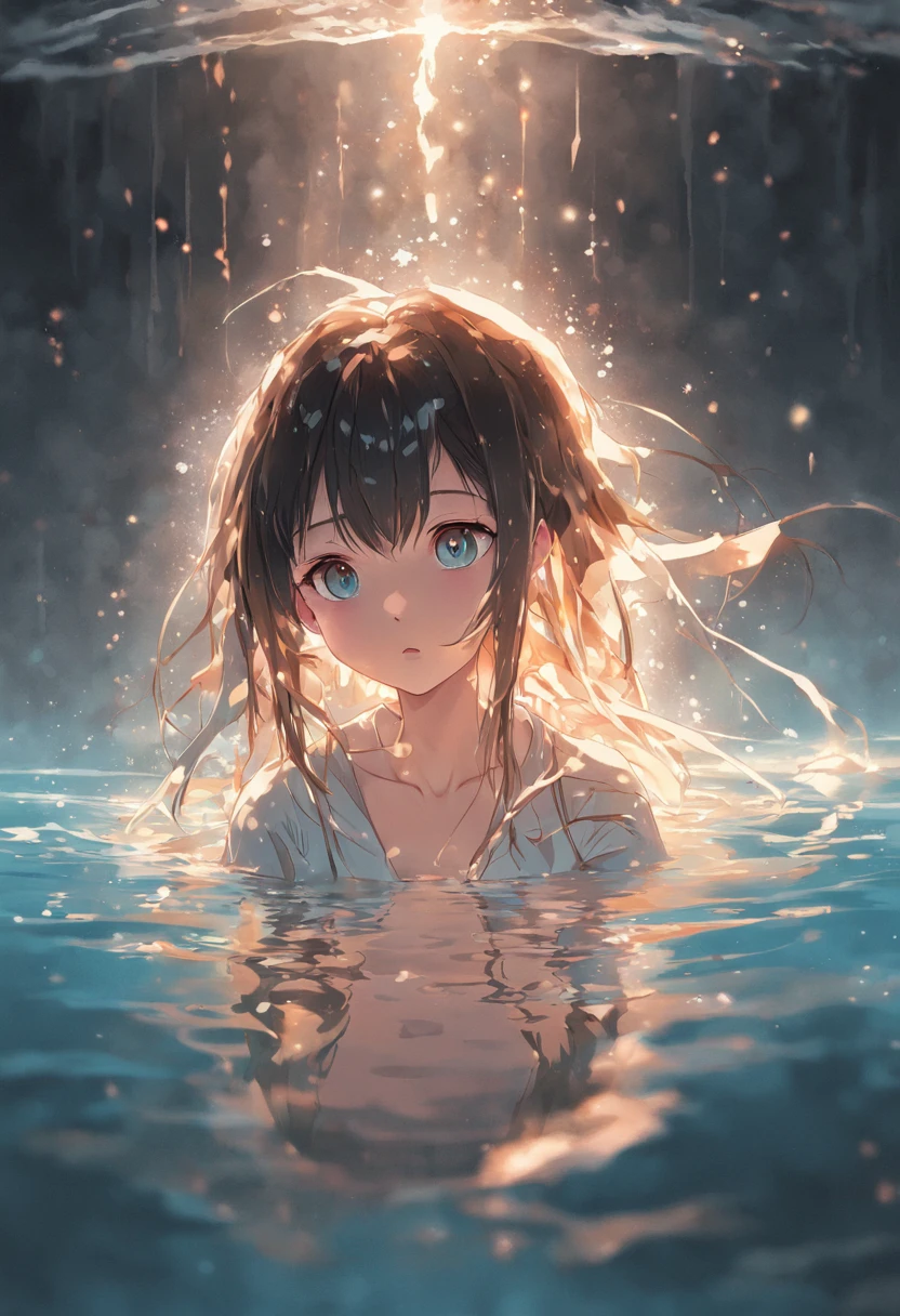 teens girl，Half submerged，Eau，sobu，llight rays，Narrow，Manteau，mid - length hair，brunette color hair，By bangs，A half body，Water surface reflection，Sit Pose，Japanese painting style