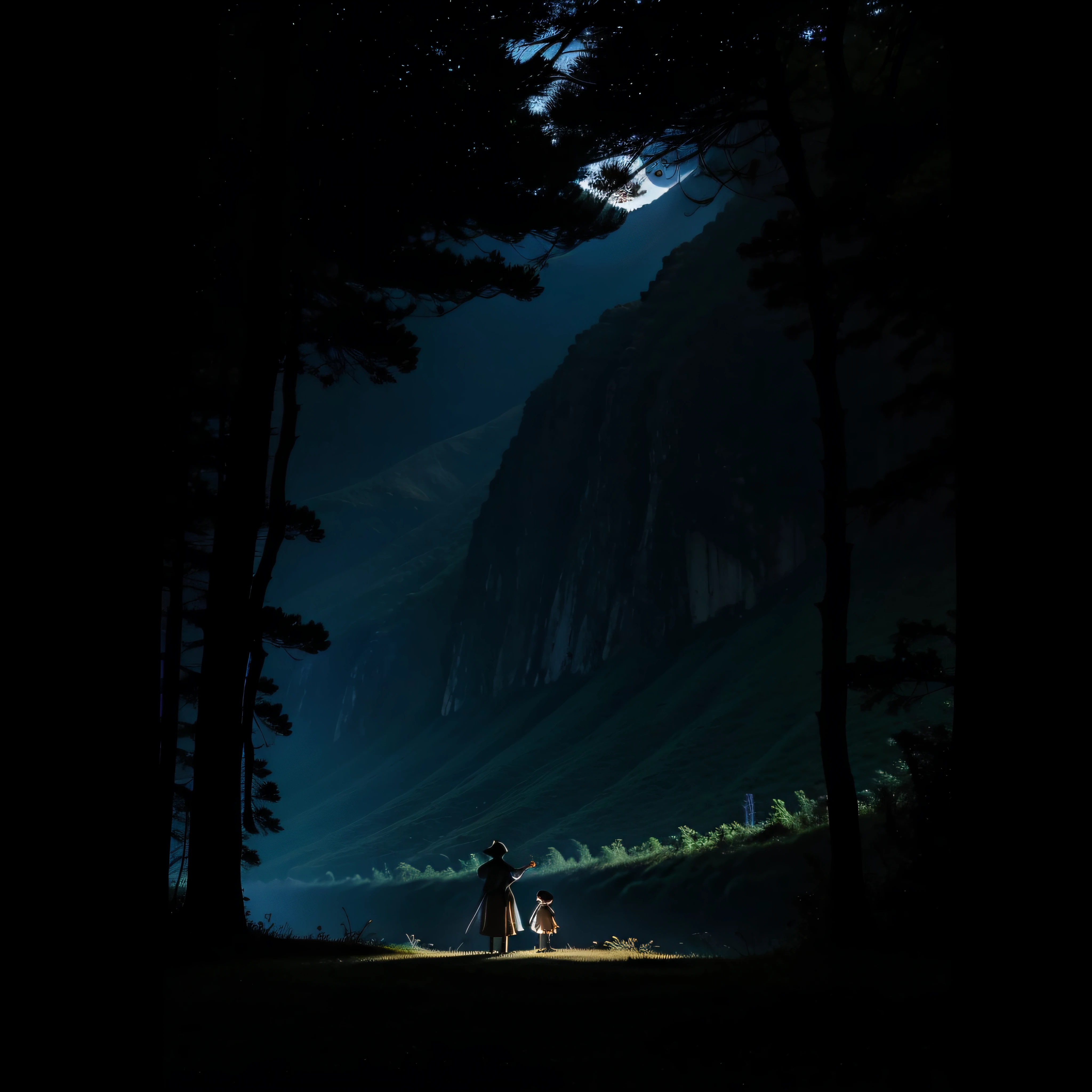 (extremadamente detallado, obra maestra, La mejor calidad, foto antigua, principios de siglo) dark ???, una linterna directa lo ilumina, bosque de noche. plano cercano. sangre por el suelo.