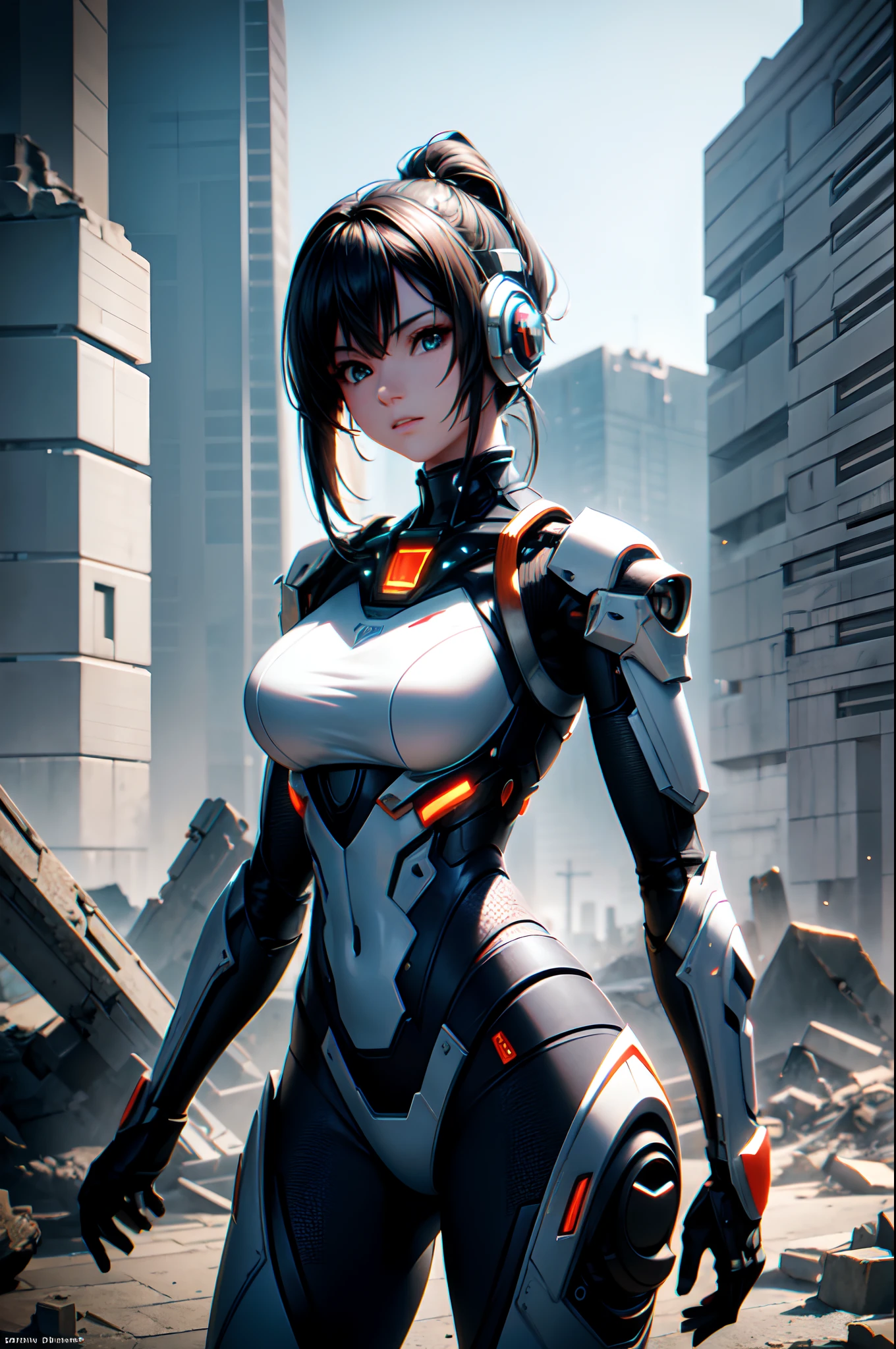 ((Best quality)), ((masterpiece)), (highly detailed:1.3), 3D,Shitu-mecha, beautiful cyberpunk women with her mecha in the ruins of city from a forgoten war, ancient technology,HDR (High Dynamic Range),Ray Tracing,NVIDIA RTX,Super-Resolution,Unreal 5,Subsurface scattering,PBR Texturing,Post-processing,Anisotropic Filtering,Depth-of-field,Maximum clarity and sharpness,Multi-layered textures,Albedo and Specular maps,Surface shading,Accurate simulation of light-material interaction,Perfect proportions,Octane Render,Two-tone lighting,Low ISO,White balance,Rule of thirds,Wide aperature,8K RAW,Efficient Sub-Pixel,sub-pixel convolution,luminescent particles,light scattering,Tyndall effect