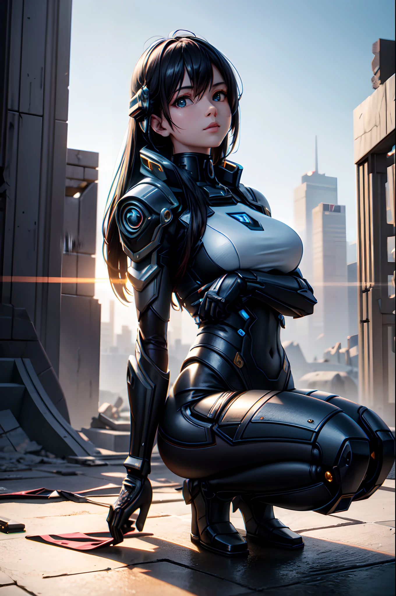 ((Best quality)), ((masterpiece)), (highly detailed:1.3), 3D,Shitu-mecha, beautiful cyberpunk women with her mecha in the ruins of city from a forgoten war, ancient technology,HDR (High Dynamic Range),Ray Tracing,NVIDIA RTX,Super-Resolution,Unreal 5,Subsurface scattering,PBR Texturing,Post-processing,Anisotropic Filtering,Depth-of-field,Maximum clarity and sharpness,Multi-layered textures,Albedo and Specular maps,Surface shading,Accurate simulation of light-material interaction,Perfect proportions,Octane Render,Two-tone lighting,Low ISO,White balance,Rule of thirds,Wide aperature,8K RAW,Efficient Sub-Pixel,sub-pixel convolution,luminescent particles,light scattering,Tyndall effect