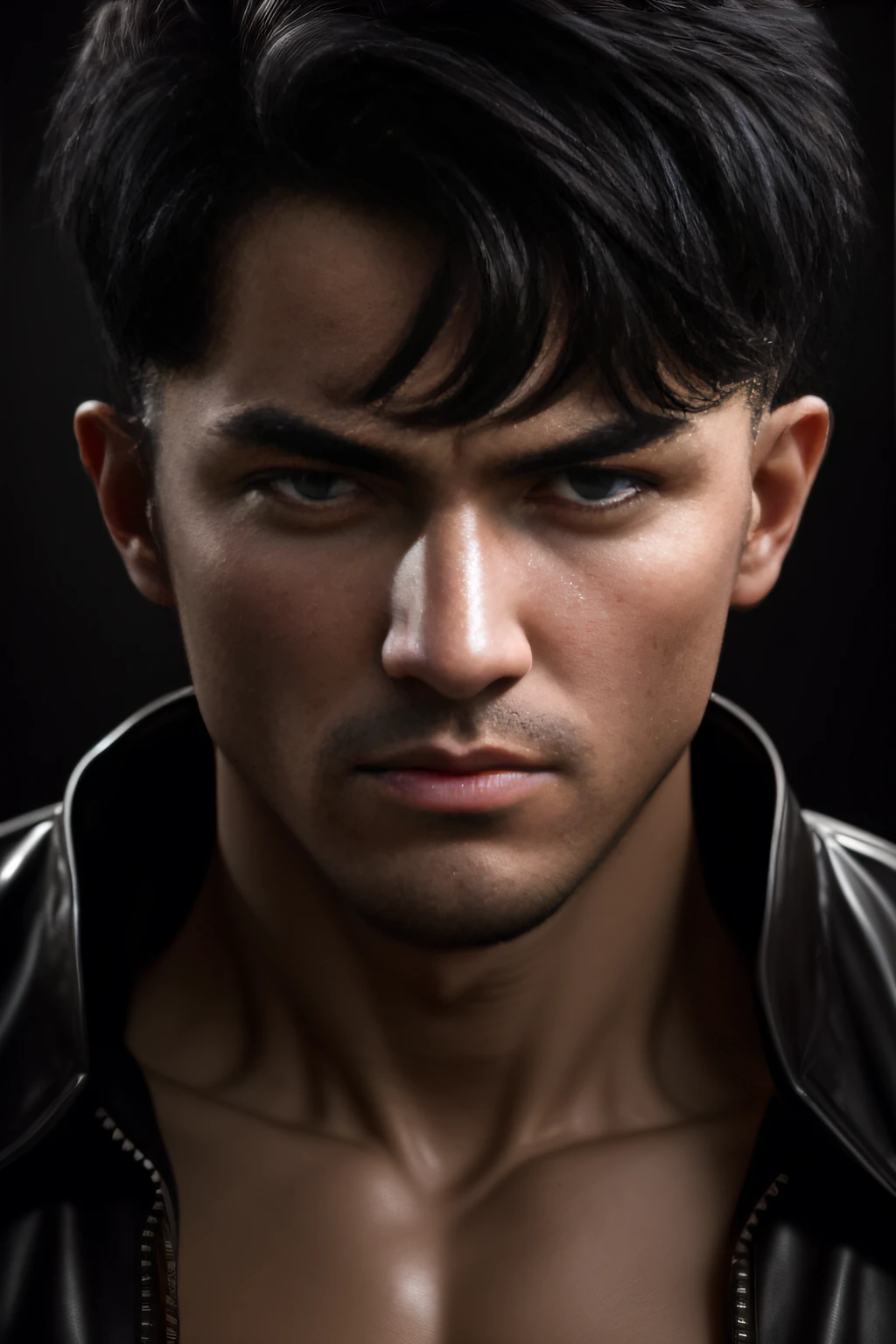 Vicious young man，Short black hair，Detailed and realistic face and eyes，Determined gaze，Toned body，Eight-pack abs，Close up，4K，A gym full of men，model shoot style，Cinematic lighting，Dynamic