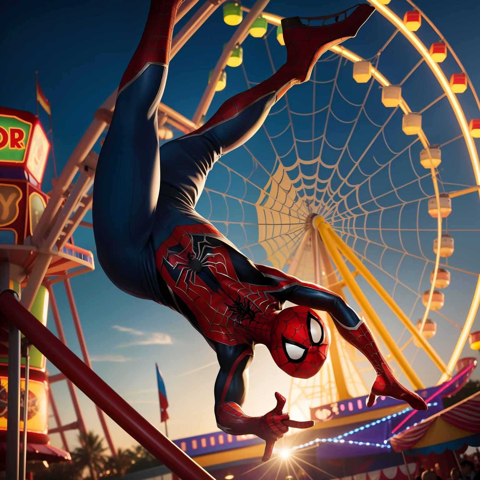 /create prompt:Spider-Man swinging into a colorful funfair, enjoying the attractions and spreading joy with his playful antics. The scene starts with Spider-Man gracefully swinging from a web and landing at the entrance of the funfair. As he enters, his enthusiasm is contagious, and he quickly immerses himself in the various attractions. Capture his energetic movements and expressions as he tries out the different rides, games, and treats. Utilize dynamic camera angles and vibrant colors to create a cinematic and lively atmosphere. During his funfair adventure, Spider-Man engages in friendly interactions with visitors, poses for photos, and even participates in a pie-eating contest. As the sun sets, showcase the illuminated funfair with twinkling lights and a magical ambiance.