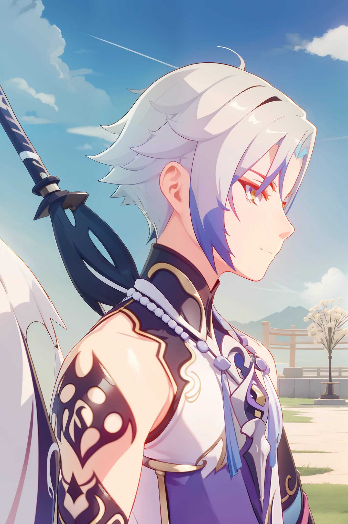 genshin impact, anemo character, male, white hair, pretty face, profile, slim build, teenager, feathers and dandelions in the wind, dark sky, armour, smirking