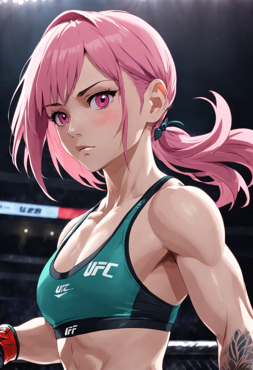 "A powerful and commanding female UFC fighter with vibrant pink hair, exuding an aura of intensity and dominance."
