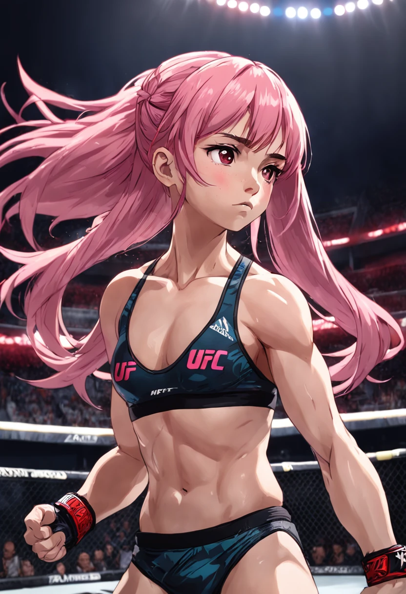 "A powerful and commanding female UFC fighter with vibrant pink hair, exuding an aura of intensity and dominance."