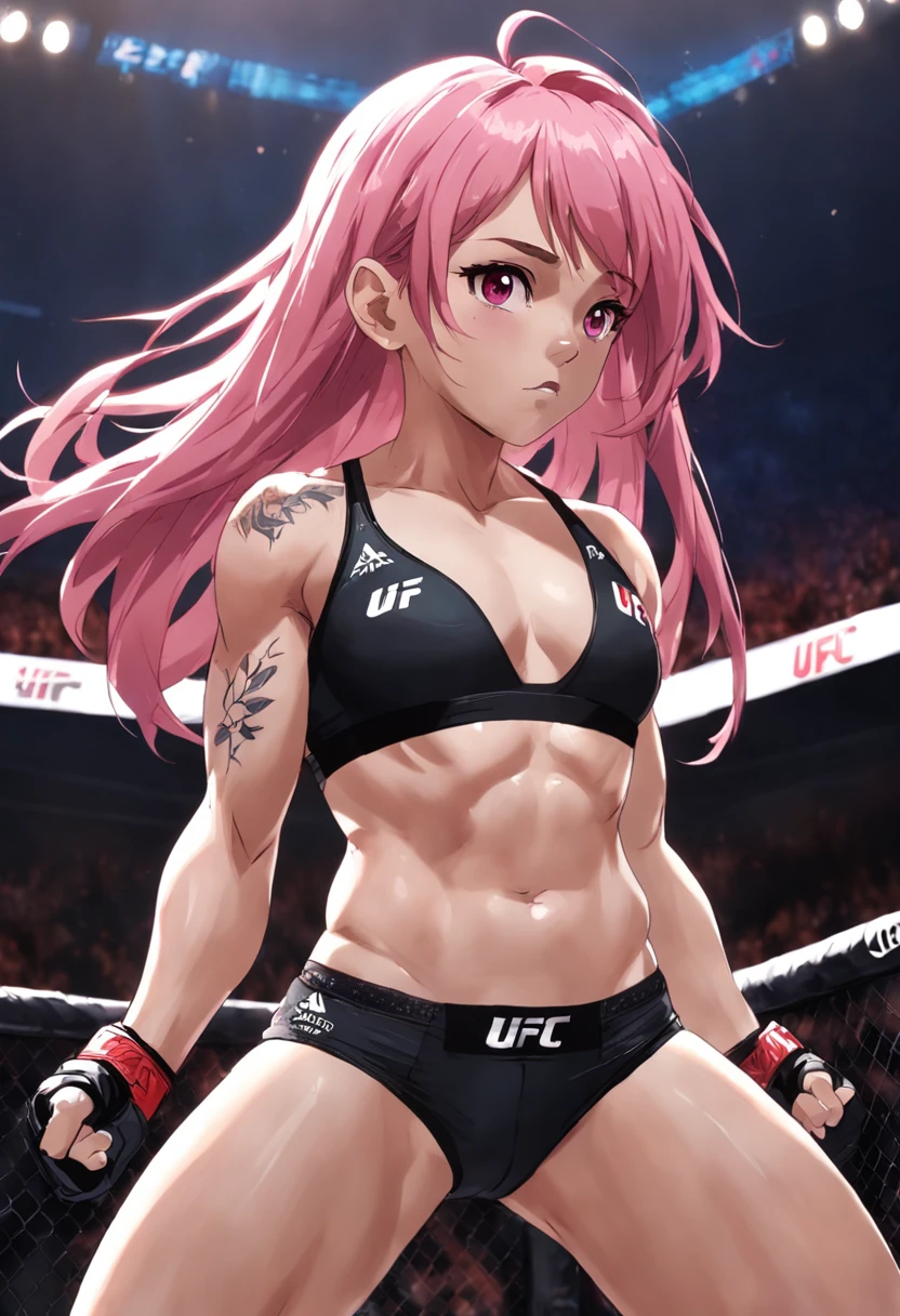 "A powerful and commanding female UFC fighter with vibrant pink hair, exuding an aura of intensity and dominance."