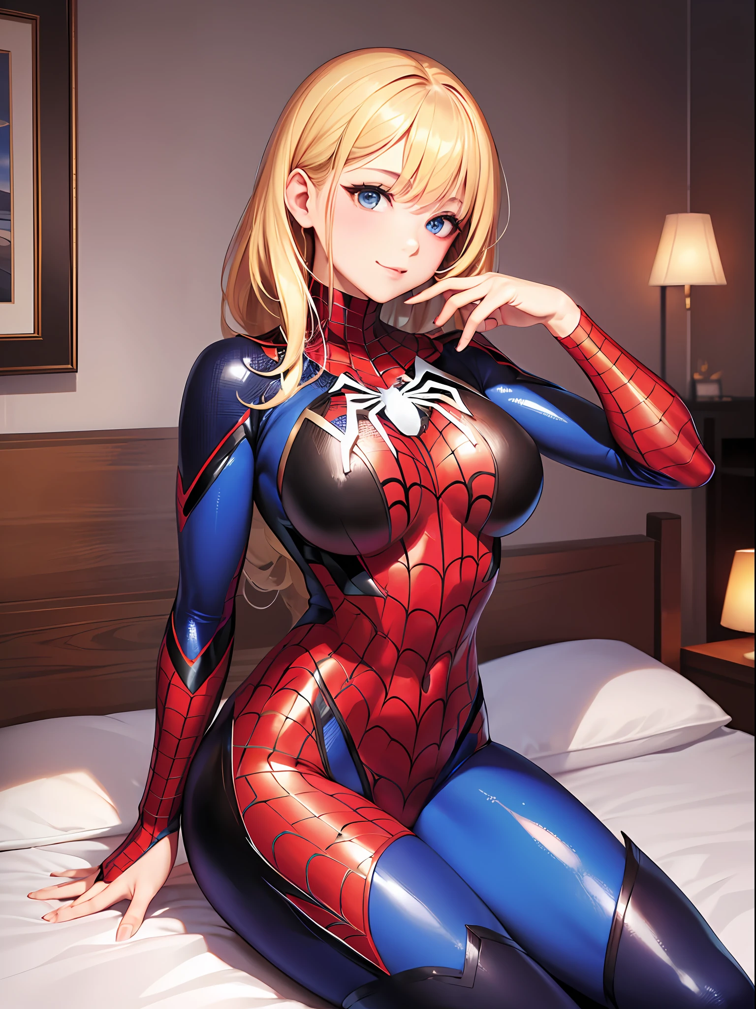 (top-quality:1.3)、(masterpiece:1.3)、(Super Detail:1.3)、(8k wallpaper、one girls: 1.1)、(Detailed hands and fingers:1.2)、(Detailed ultra-oily shiny skin:1.1)、oily shiny thighhigh、Beautiful sister、(Spider-Man Full Bodysuit Girl:1.2)、(Spider-Man's iconic logo:1.2)、(blondehair:1.3)、Longhaire、poneyTail、ssmile、sexypose、(Beautiful Large Breasts:1.2)、Luxurious bedroom
