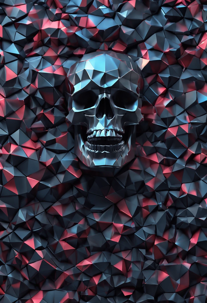 3d render, abstract black skull background, faceted texture, macro panorama, wide panoramic polygonal wallpaper, 4k high definition, realistic