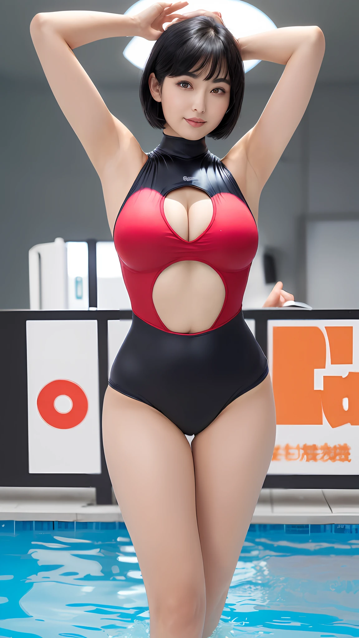 in 8K、超A high resolution、Best Quality、masutepiece(huge-breasted、Nipple erection:1.5)(teats、Hide all breasts and belly:1.6)(Black and red pretty high-leg T-back swim racing suit、Black High Leg:1.5)、(Crotch indirect、Stand with your crotch wide apart、stand up、Standing、Gani crotch:1.5)(Put your hands behind your head、Show the armpits:1.28)(Outdoor pool:1.28) (Black hair short bob、Extraordinary beauty、Big dark eyes:1.3)、(Plump body、voluptuous breasts、Plump ass:1.1)Eye lashes、long lashes、Distinct double eyelids、a small face、(Highlights in the eyes、lipgloss)、Fine-grained skin、kawaii faces、(stand up、Do not close the legs、Stand up with your inseam wide open:1.3)