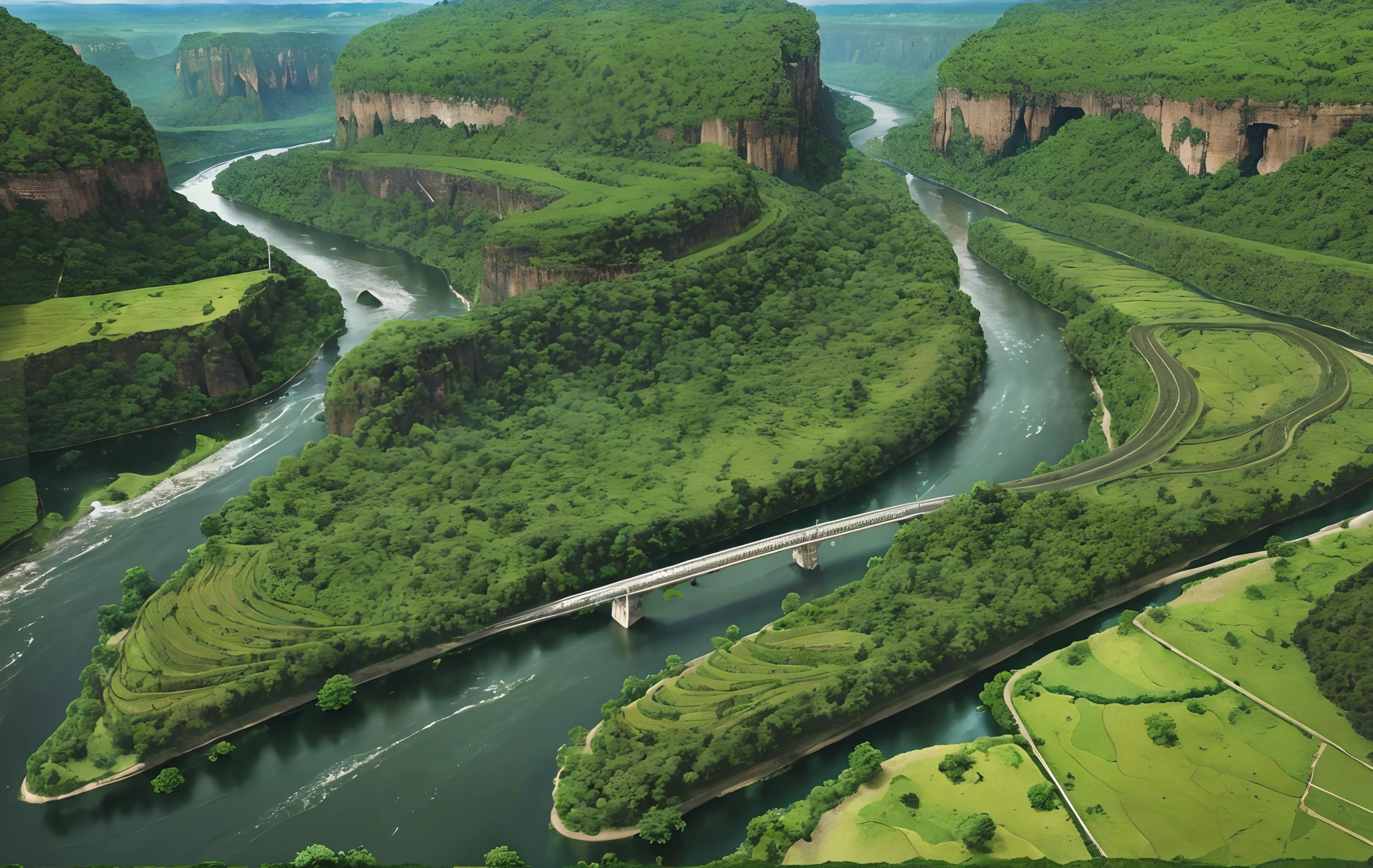 arafed view of a river running through a lush green valley, massive river, aerial shot, with trees and rivers, very high resolution, river confluence, river delta, detailed screenshot, high resolution and detail, aerial illustration, 3 - d highly detailed, highly detailed terrain, giant river, wide aerial shot, forest and river, wide angle river