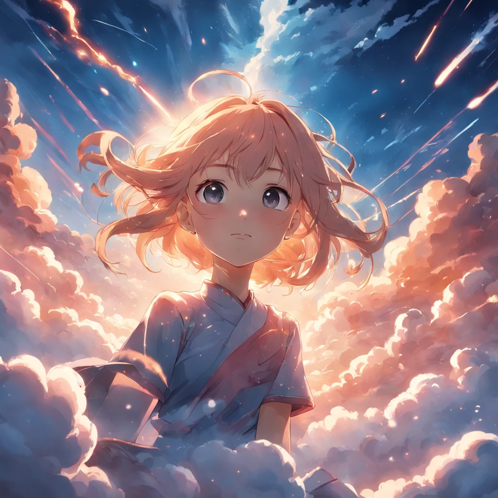 masterpiece, best quality, movie still, 1girl, cloud girl, floating in the sky, close-up, bright, happy, warm soft lighting, sunset, (sparks:0.7)