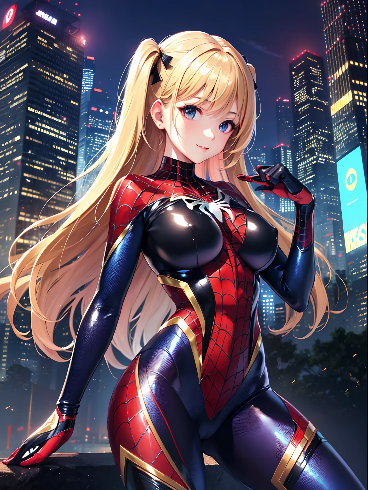 (top-quality:1.3)、(​masterpiece:1.3)、(Super Detail:1.3)、(8k wallpaper、one girls: 1.1)、(Detailed hands and fingers:1.2)、(Detailed ultra-oily shiny skin:1.1)、oily shiny thighhigh、Beautiful sister、(Spider-Man Full Bodysuit Girl:1.2)、(Spider-Man's iconic logo:1.2)、(blondehair:1.3)、Longhaire、poneyTail、ssmile、sexypose、(Beautiful Large Breasts:1.2)、skyscraper、is standing