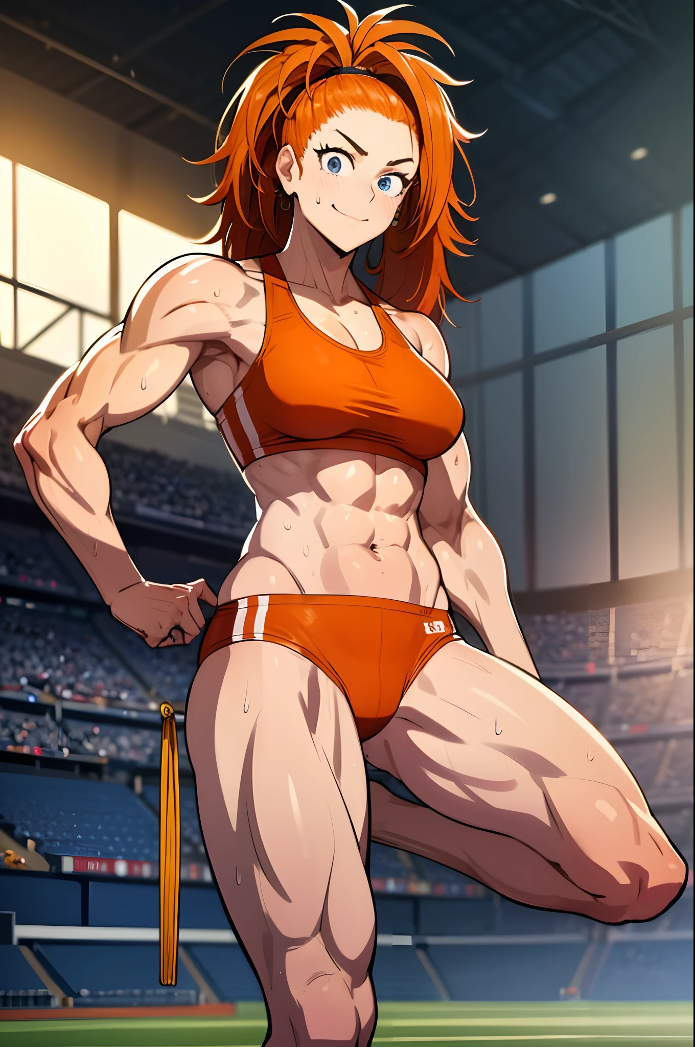 (track and field, Stadium:1.2), (rim lit), (Detailed face:1.1), 1girll, Solo, Smile, Captain Mizuki, one-punch man, A high resolution, Muscular female, Breasts, Orange hair, Sports bra, Upper body, High ponytail, Long hair, medal, Sweat, steams, steamed body, murata yuusuke