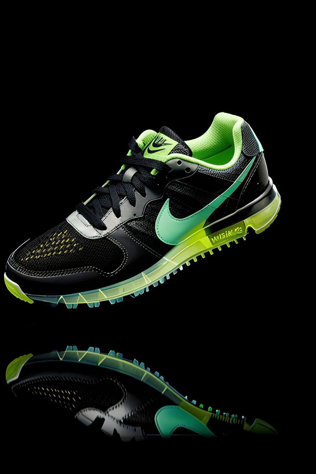 masterpiece, best quality, high details, highres, ccurate, textured, (futuristic:1.5), A pair of transparent cyberpunk NIKE shoes with Nike logo, octane rendered, Cyberpunk style, with a glassy finish and a unique pattern of stitching along the sides