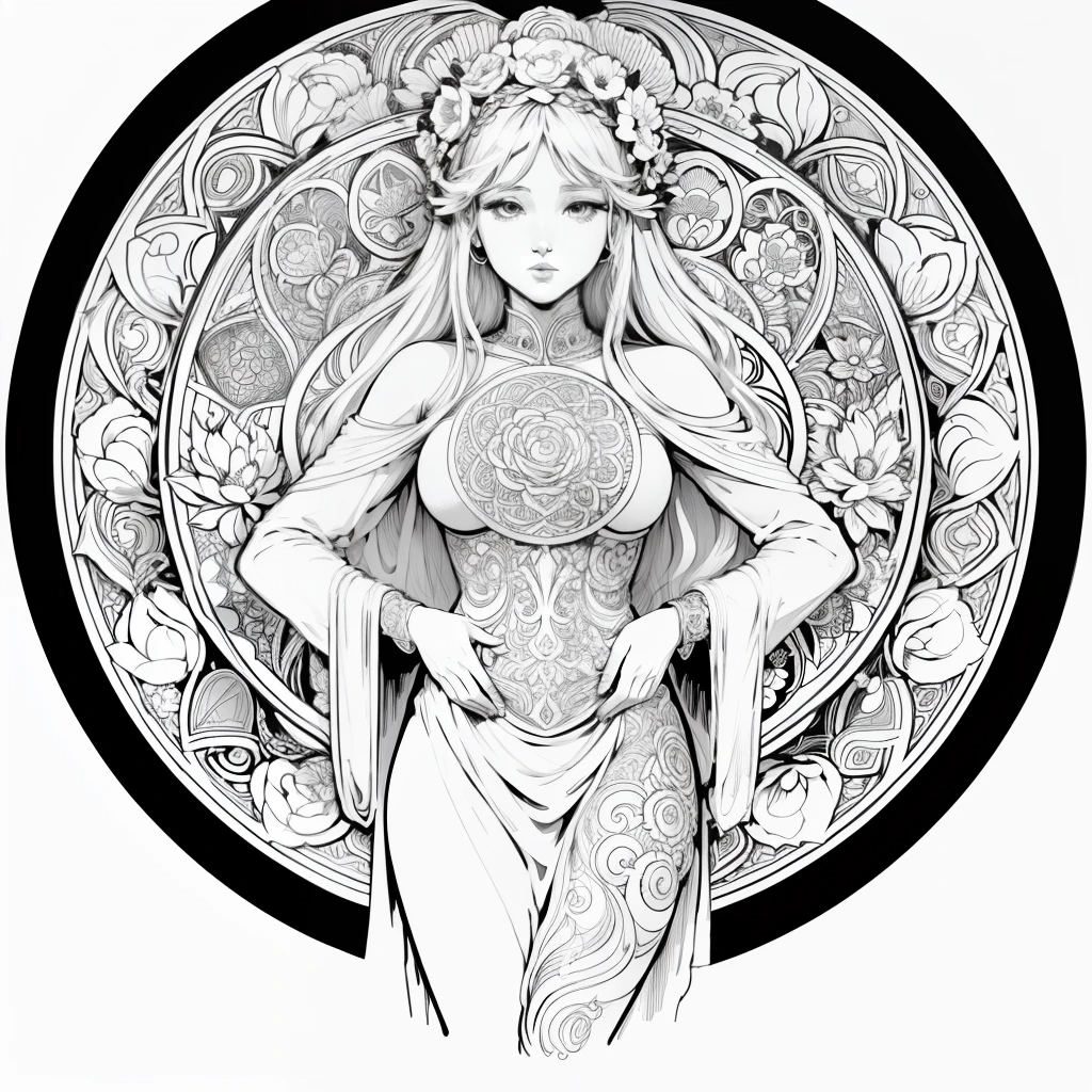 Flowers and goddess, ploynesian, garden, art for coloring book page, full white background, only use outline, line art, coloring book, clean line art, mandala for coloring with nature ornaments, simple and clean line art, coloring book page, adorned in Art Nouveau style, with a stroke of Alfons Mucha's brush, perfect details, real.