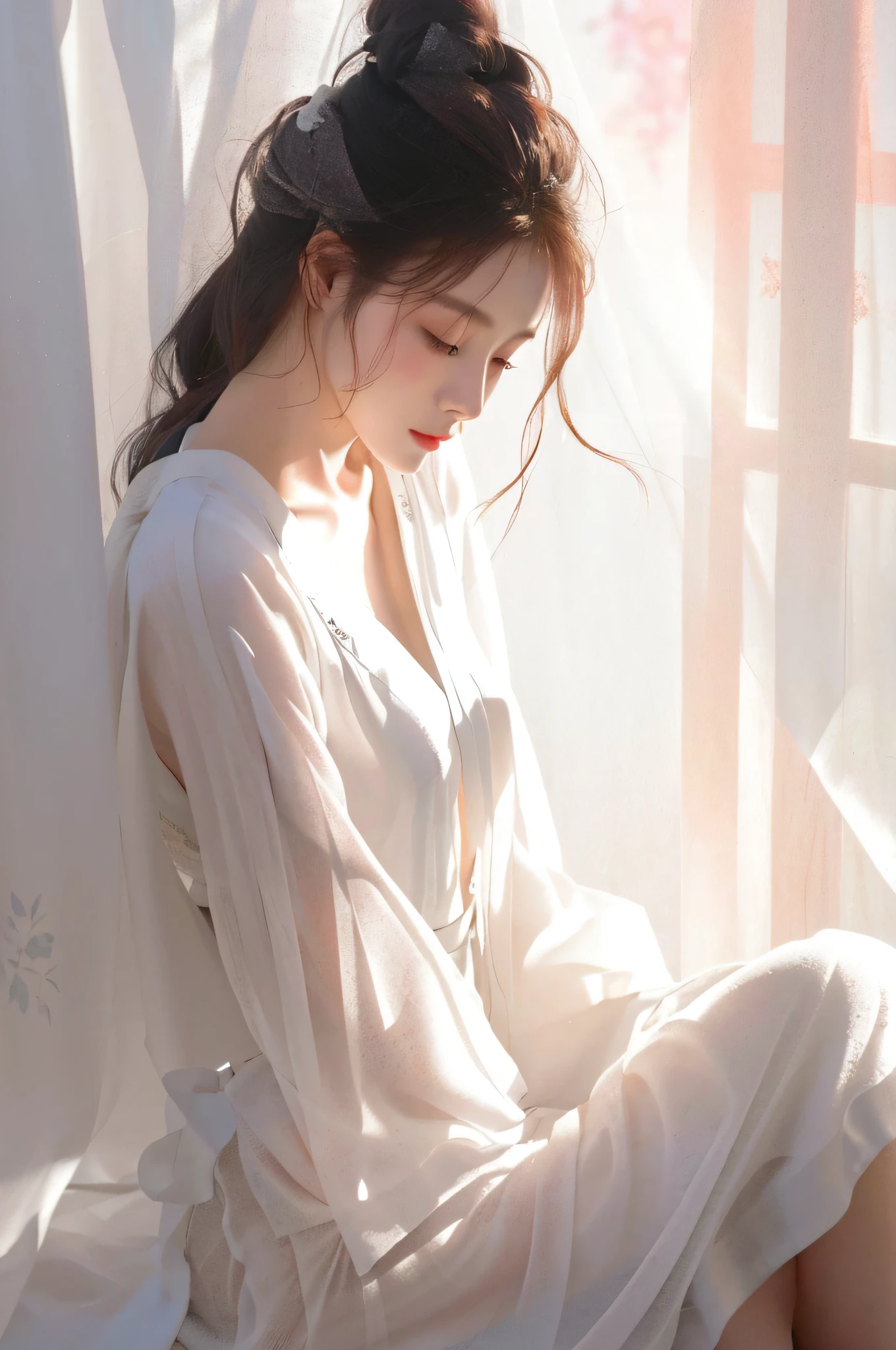 Araki woman sitting on bed in white robes, Ethereal beauty, Soft ethereal lighting, beautifully soft lit, author:Zhang Han, White Hanfu, by Yang J, By Li Song, Soft morning lighting, a beautiful woman in white aodai, dressed in simple robes, flowing white robe, wearing white clothes, with ethereal light, gorgeous soft lighting, Beautiful soft light