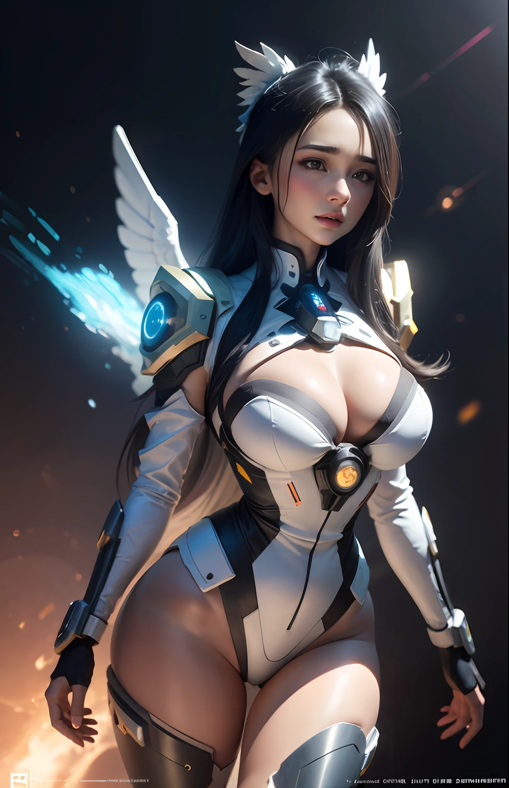 ((best qualtiy)), ((tmasterpiece)), (The is very detailed:1.3), 。.3D, big breasts beautiful, (cyber punk perssonage:1.6), In space, Starcloud, (Holding_arma:1.3), laser, (1Female mecha:1.3), Voluptious body,Delicate nudity, face to the viewer, glowing light eyes, full bodyesbian, (flight, swoop, dyna, motionblur: 1.4), (huge mecha wings: 1.6), head looking up, Glowing_Eyes, mechs, in a panoramic view, The background is the Earth, Starcloud, the space, Particle, Realistis, hdr (HighDynamicRange), Ray traching, NVIDIA RTX, Hyper-Resolution, Unreal 5, sub surface scattering, PBR textures, Post-processing, Anisotropy Filtering, depth of fields, maximum definition and sharpness, Many-Layer Textures, Albedo e mapas Speculares, Surface coloring, Accurate simulation of light-material interactions, perfectly proportions, rendering by octane, twotonelighting, largeaperture, Low ISO, White balance, trichotomy, 8K raw data, High-Efficiency Sub-Pixel, sub-pixel volume product, (best qualtiy),(Japanese:0.5),(Korean:0.8),(Liu Yifei:1.5)long whitr hair,(:1.2),(underboobs:1.5)