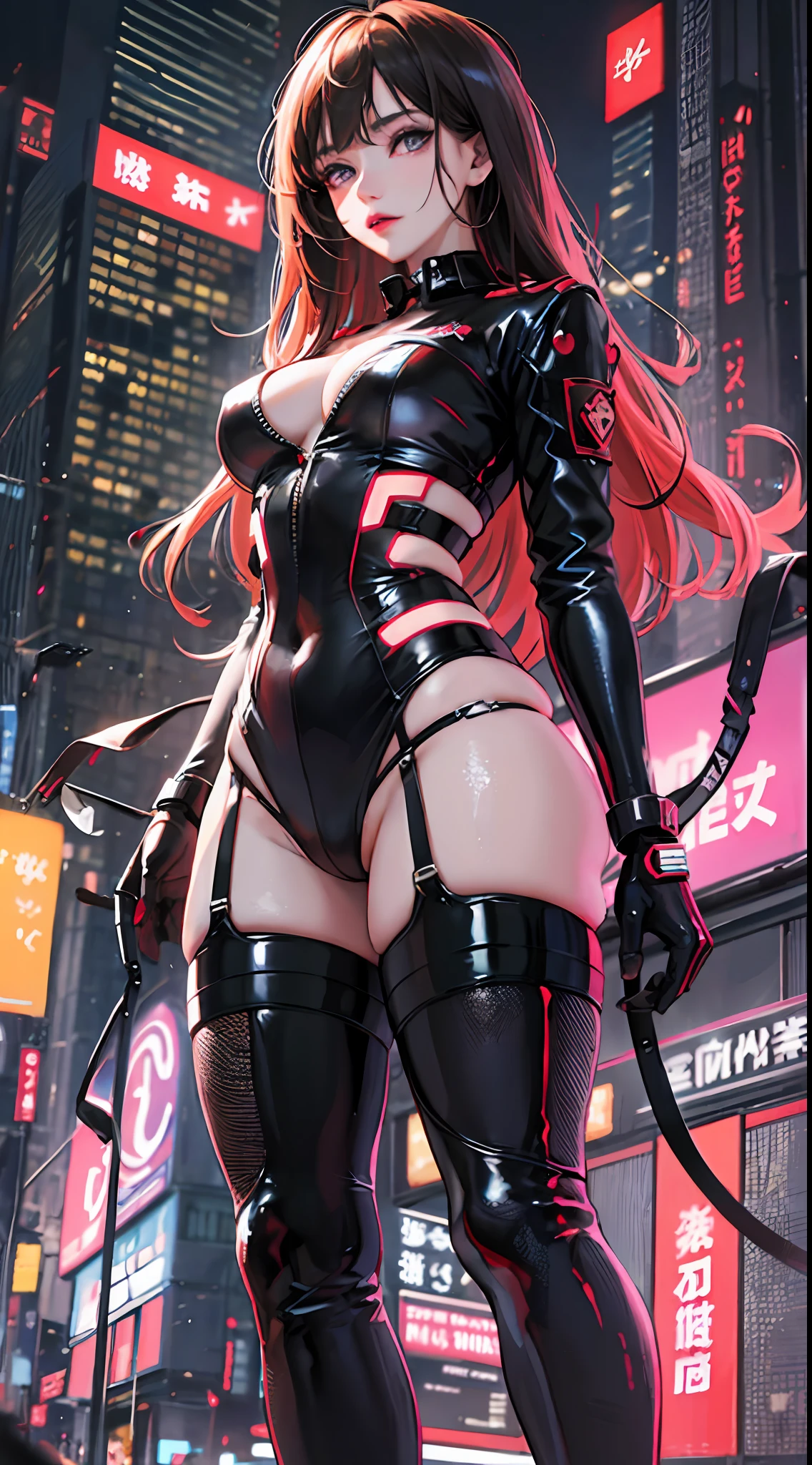 Cyberpunk, masutepiece, Hot、Wearing cyberpunk military uniforms、High quality, cinematric light, Cinema Shadow, Sharp Image, Extremely detailed, Volumetric, Bright sprites, particles effect, beautiful effects, Vivid colors, neons, Neon light, Highly detailed image textures, detailed hairs, Detailed face, Detailed eyes, Full body photo, city、Dark hair、Eyes glow、Sparkling red aura、Lying in the city、Photo from below、Legion of Machines、