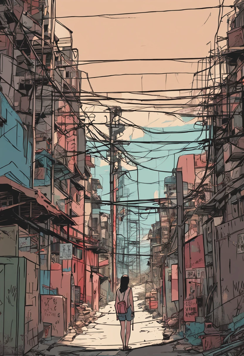 Kowloon City、Back alley、electric wires、signboard、plein air, tag, simple background, blue open sky, shorth hair, one girls、a beauty girl、天空, looking at the viewers, stairway, Moody lighting,