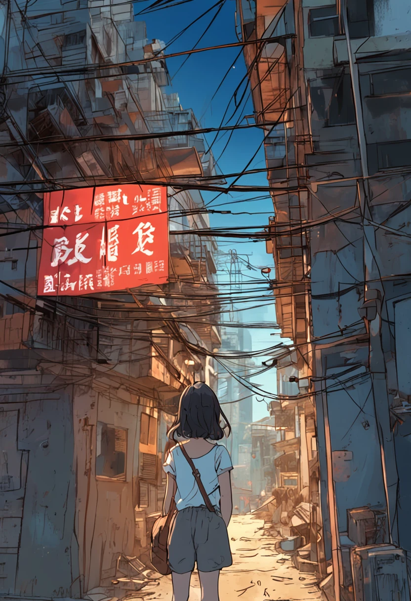 Kowloon City、Back alley、electric wires、signboard、plein air, tag, simple background, blue open sky, shorth hair, one girls、a beauty girl、天空, looking at the viewers, stairway, Moody lighting,