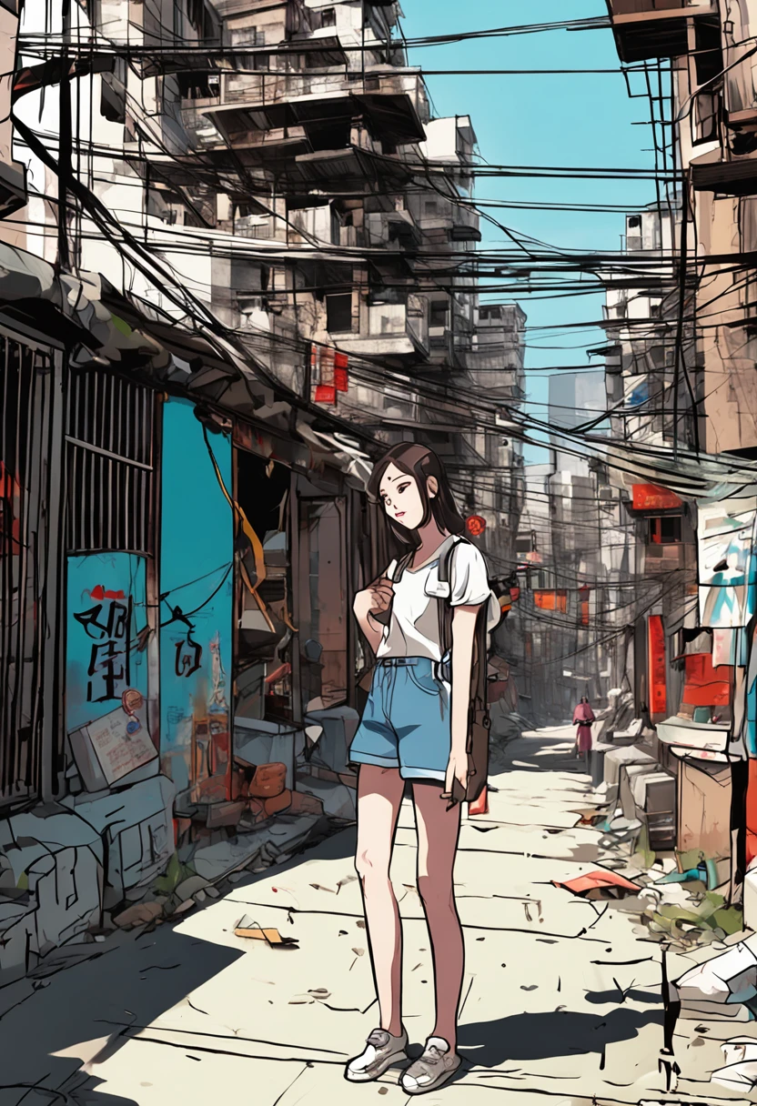Kowloon City、Back alley、electric wires、signboard、plein air, tag, simple background, blue open sky, shorth hair, one girls、a beauty girl、天空, looking at the viewers, stairway, Moody lighting,