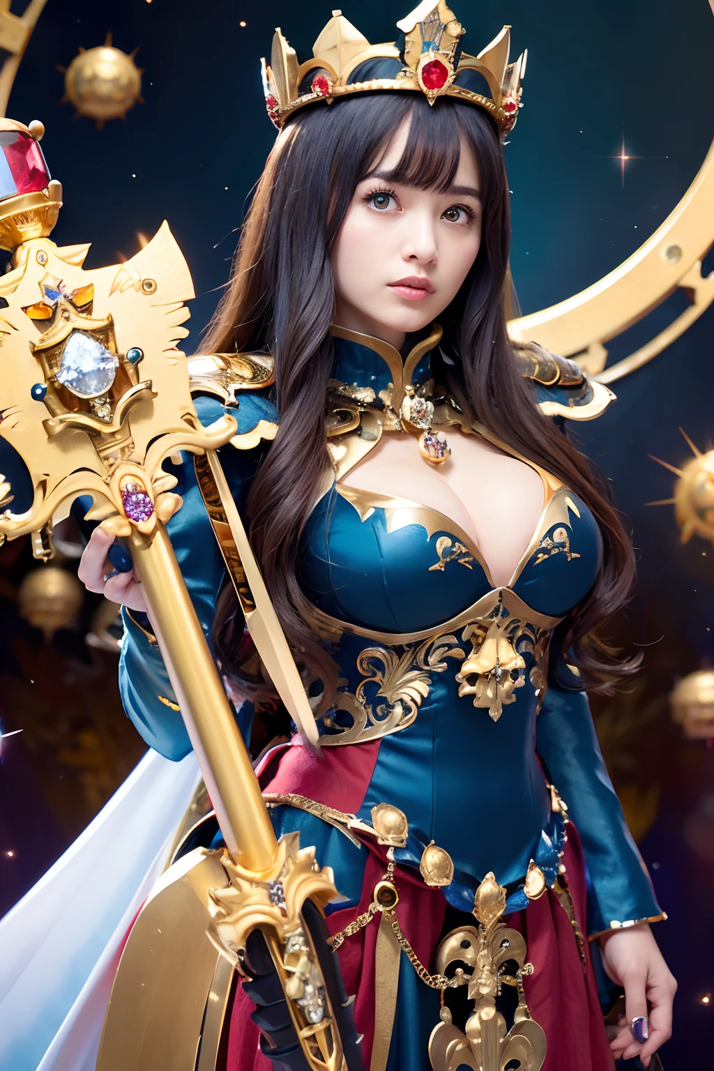(masutepiece), Professional , masterpiece、top-quality、photos realistic , depth of fields ,(Wind element),close-up,dream magical,tornado,Lightning,(Gemstone Gold Jewel Body:1.6),(Matte Blue、Jewel Gold Weapon_、(Metal:1.4),Gorgeous Jewel Metal Weapons ,(( Detailed Sword of the Brave)) , Black castle background ,warhammer 40k , adepta sororitas,Detail and ornate jewel crown、Brown hair、((Gangle's forest background))、Beautiful Caucasian beauty、1a person、dynamic ungle,(((Detailed and ornate diamond crown)))、Particles of light、cleavage of the breast、Battle Pose、
