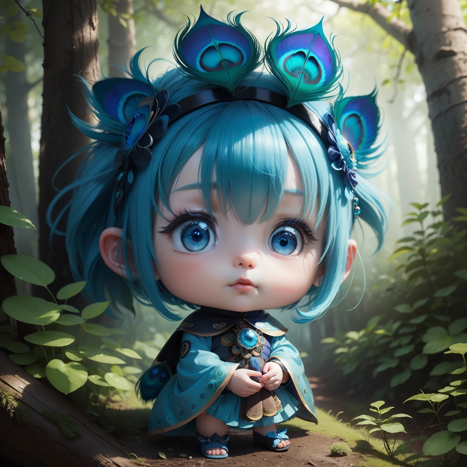 Cute Baby Chibi Anime,Pleasant look,Fluffy green hair,Green and blue long length cheongsam,Peacock feather decoration fan, Niagara Falls