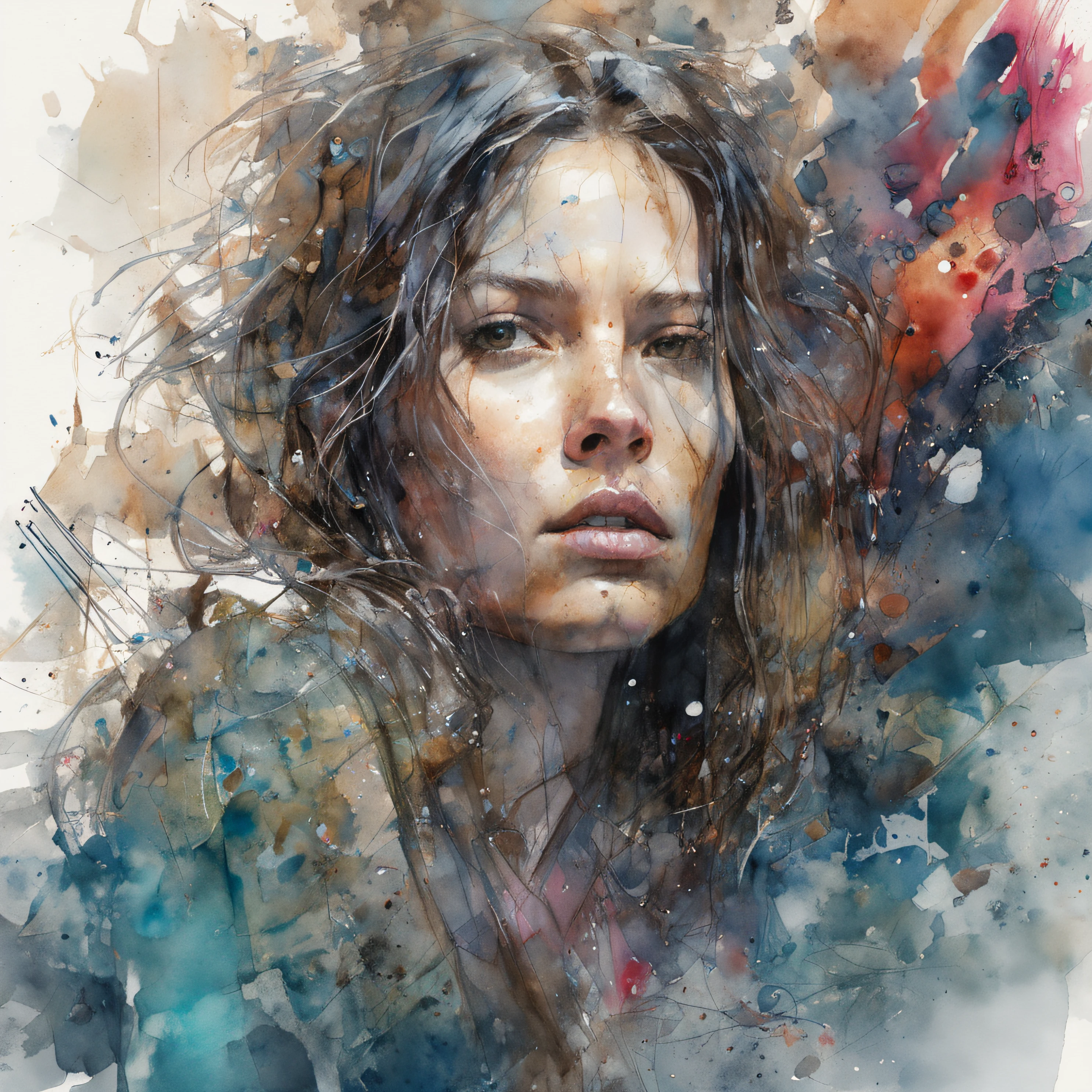 Abstract beauty, Amazing beautiful olive skin girl, Skyscraper on the left, Centered, Looking at the camera, nearing perfection, Dynamic, Moonlight, Highly detailed, Watercolor painting, art  stations, concept-art, smooth, Sharp focus, illustration, Art by Carne Griffiths and Wadim Kashin