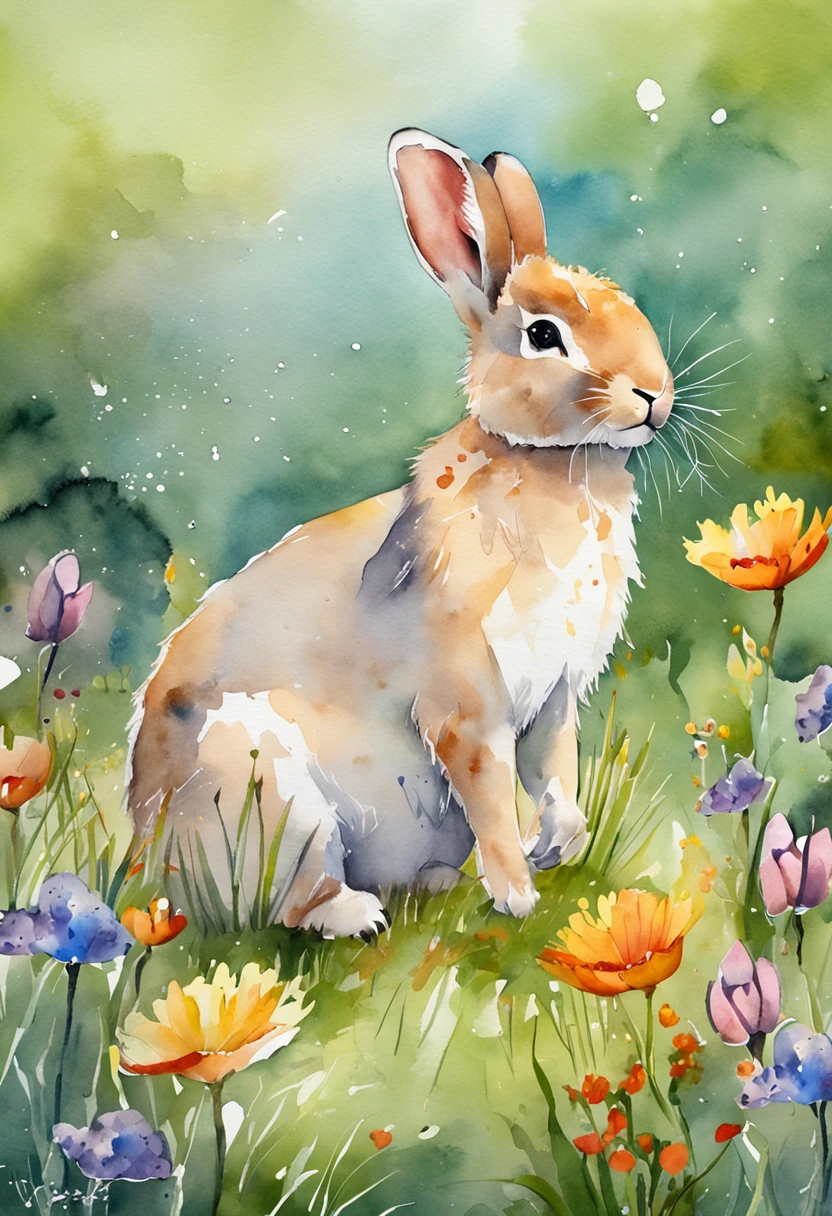 (Muy fino CG unidad 8k fondo de pantalla, Obra maestra, La mejor calidad, Super detailed), (better lighting, Mejor sombra, extremadamente delicado y hermoso), (lindo conejo), (Durmiente), (hermosa hierba), (nubes), (flores coloridas), (Detalles de la cabeza de conejo claros)