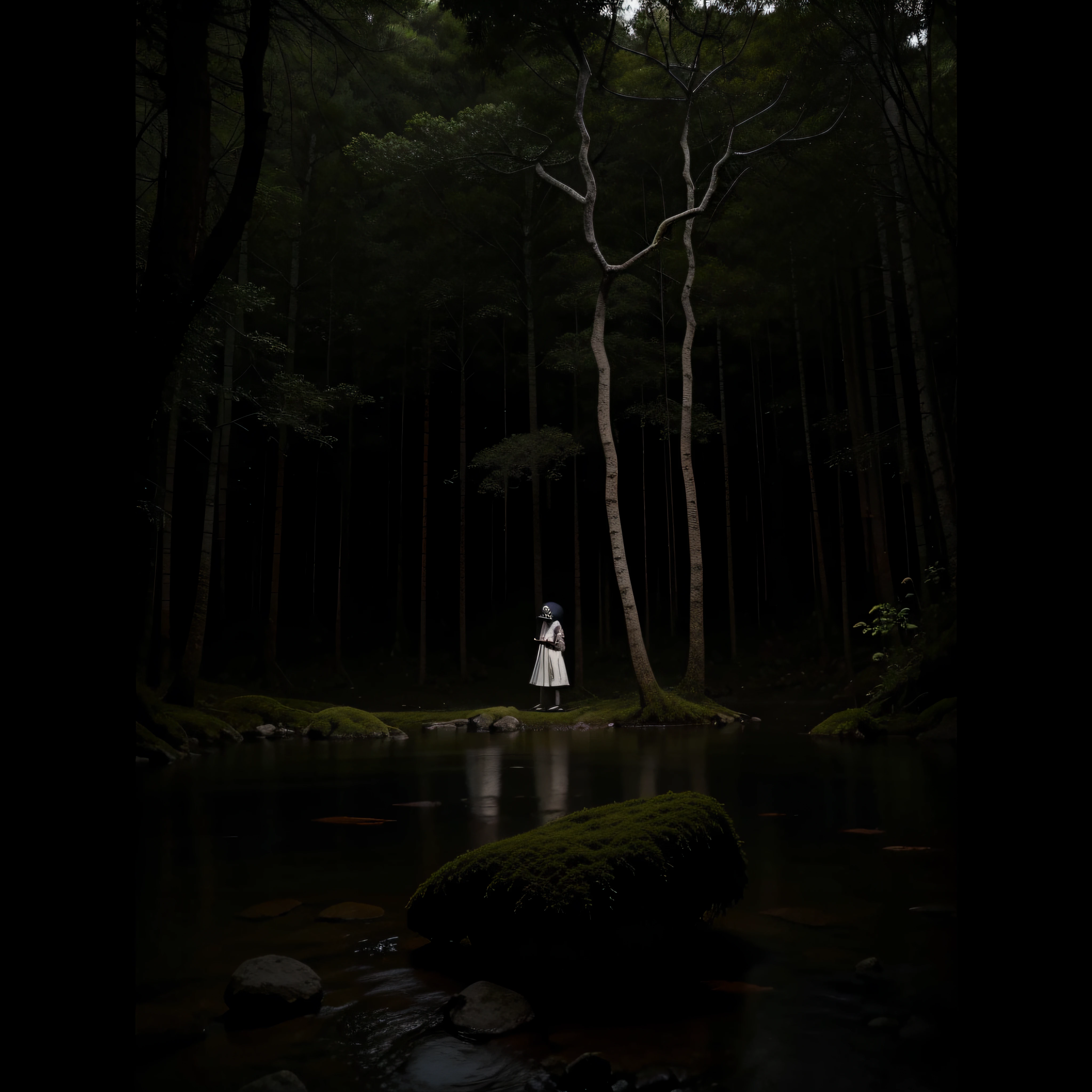 (extremadamente detallado, obra maestra, La mejor calidad, foto antigua, principios de siglo) dark ???, una linterna directa lo ilumina, bosque de noche. plano cercano. sangre por el suelo.