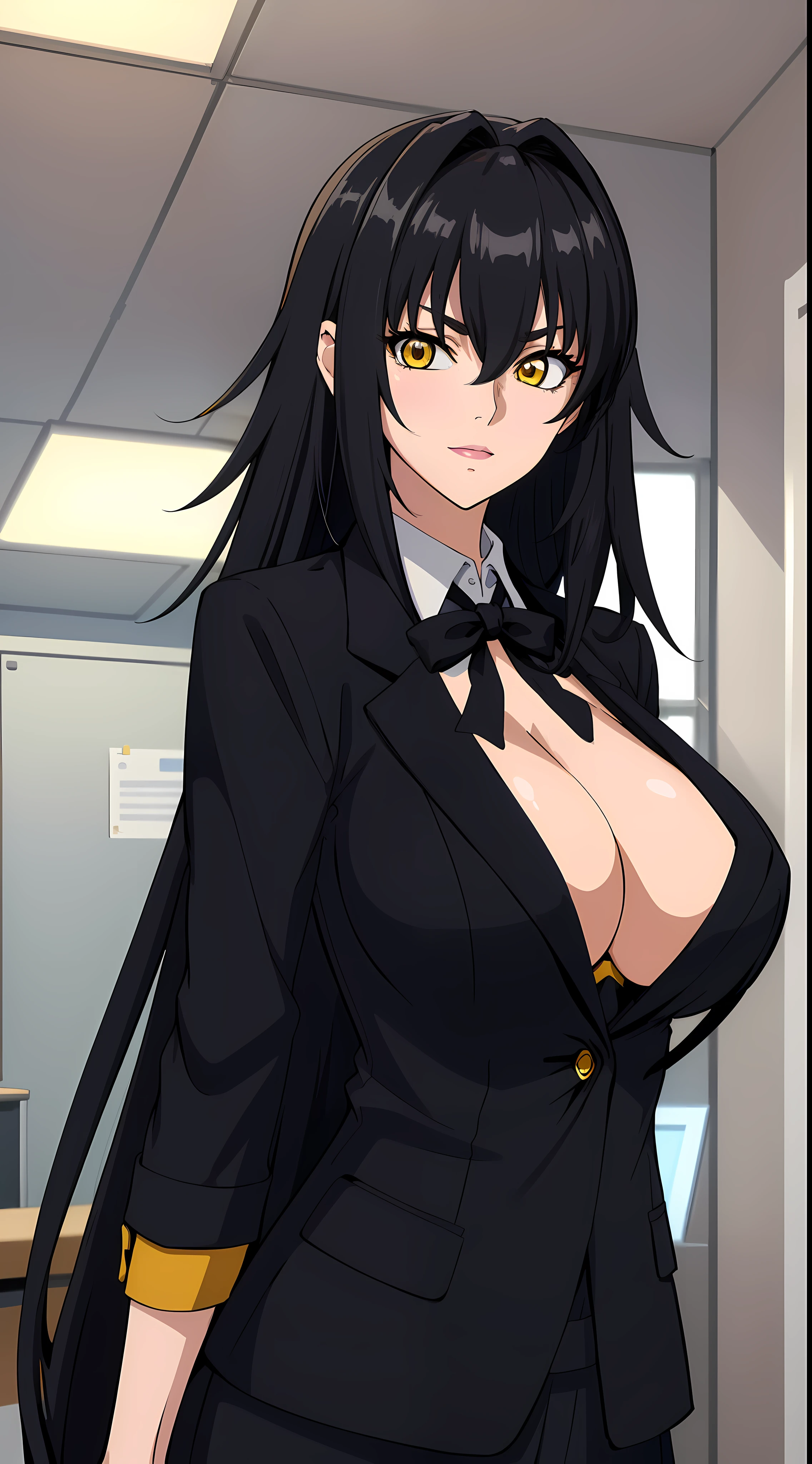 professional artwork, Intricate Details, field of view, sharp focus, detailed painting, photorealistic lighting, trending on pixiv,(masterpiece:1.0),(best_quality:1.0), ultra high res, ultra-detailed, photography, 8K, HDR, highres, absurdres:1.2, Kodak portra 400, film grain, sharp focus, bokeh:1.2, lens flare, (vibrant_color:1.2), (((indoors, dark night district))), Annerose, 1girl, female mature, ((long hair, black hair:1.4)), (yellow eyes), large breasts, ((formal office suit:1.4)), soft skin, hair intakes, (solo:1.4), (upper body, half body shot, covered breasts, side boobs), seductive, shiny clothes