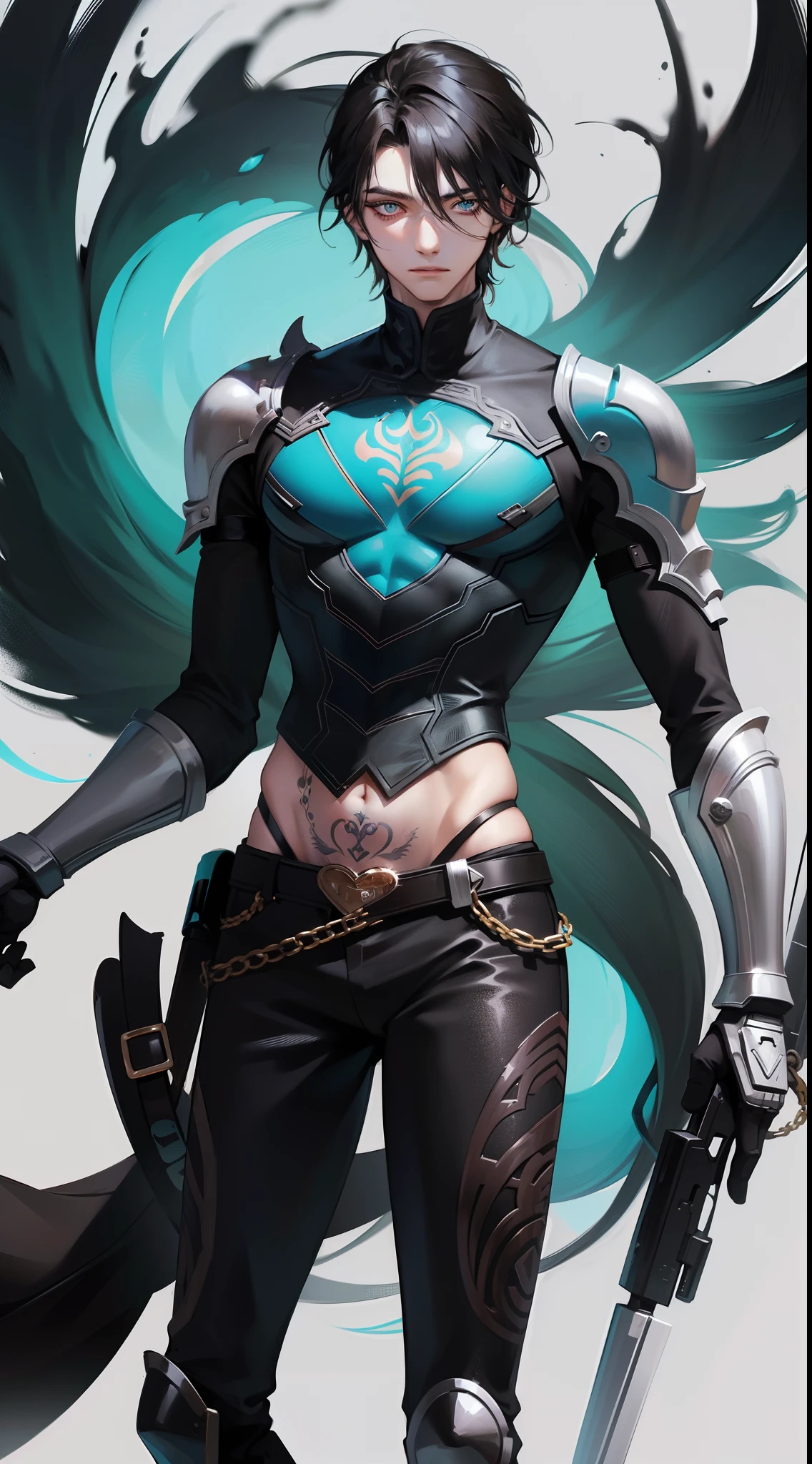 Young man, Long black hair, Cyan eyes, Tatoo, open torso, breeches, Iron hands, tmasterpiece, hiquality