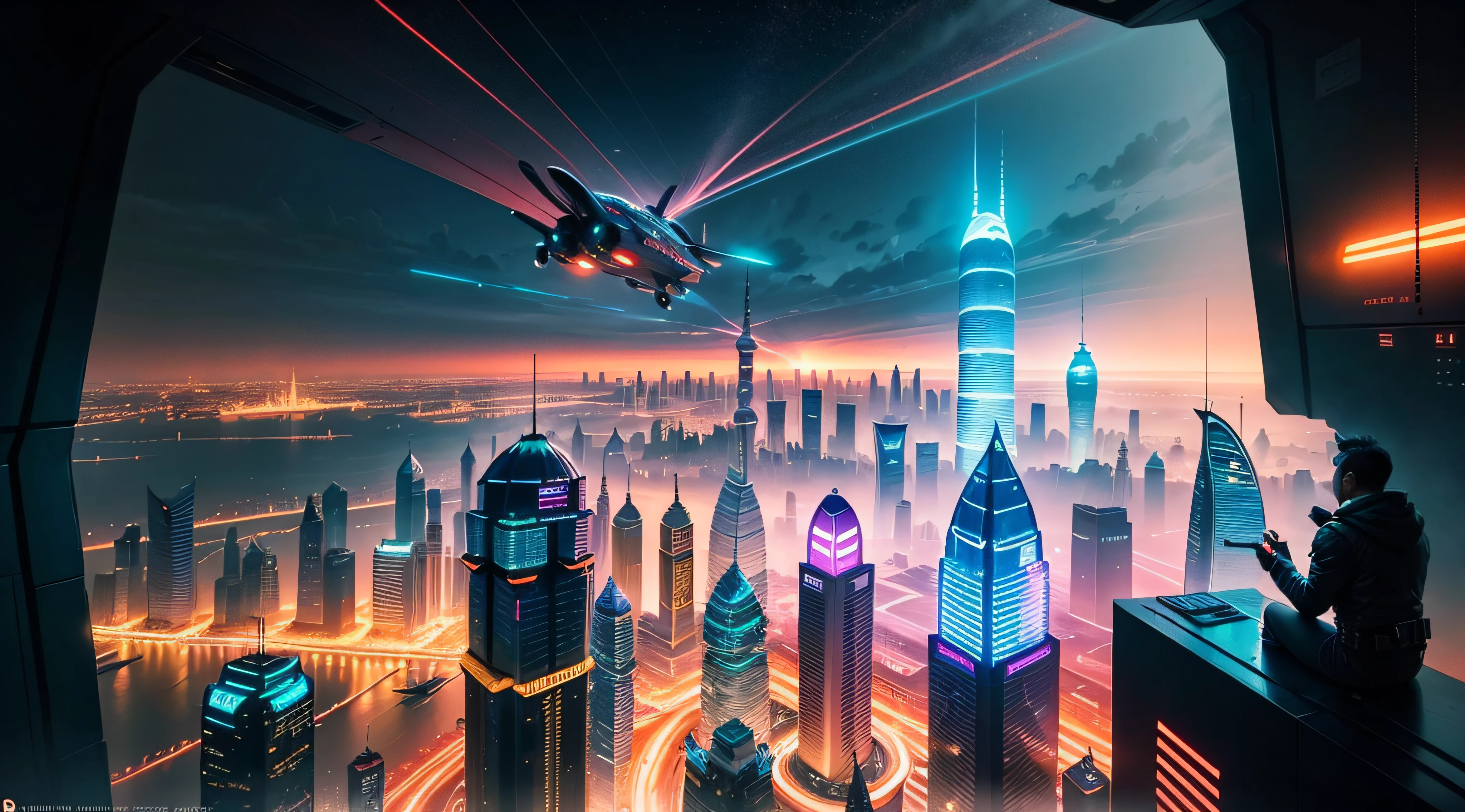 2100 Shanghai,Countless flying cars float in the sky,The sky is dreamy and colorful,The 1,000-meter-high skyscraper soars into the sky,Cyberpunk has a strong atmosphere --auto