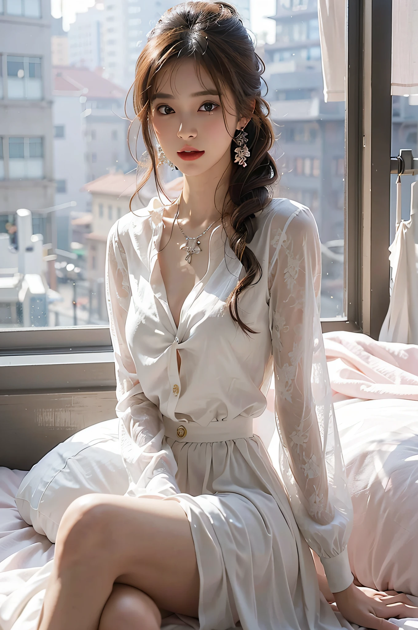 Araki woman sitting on bed in white dress, beautiful and seductive anime woman, cute elegant pose, attractive anime girls, trending on cgstation, seductive anime girls, Beautiful anime girl, Beautiful anime woman, Lovely woman, trending at cgstation, Guviz-style artwork, dressed with long fluent clothes, Beautiful digital artwork, Guviz