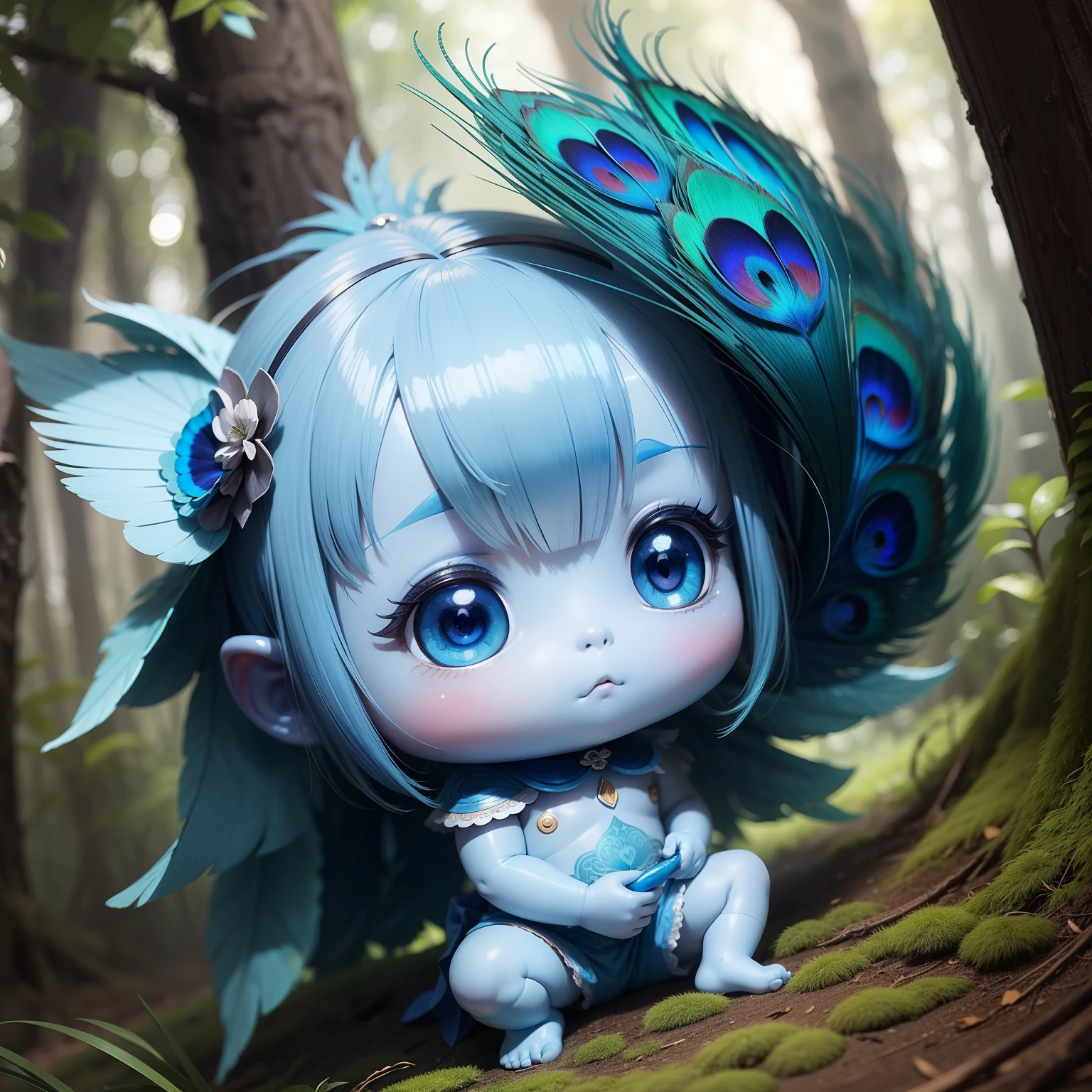 Cute Blue Skin Baby Chibi Anime,Details of peacock feathers on the back🦚,in woods