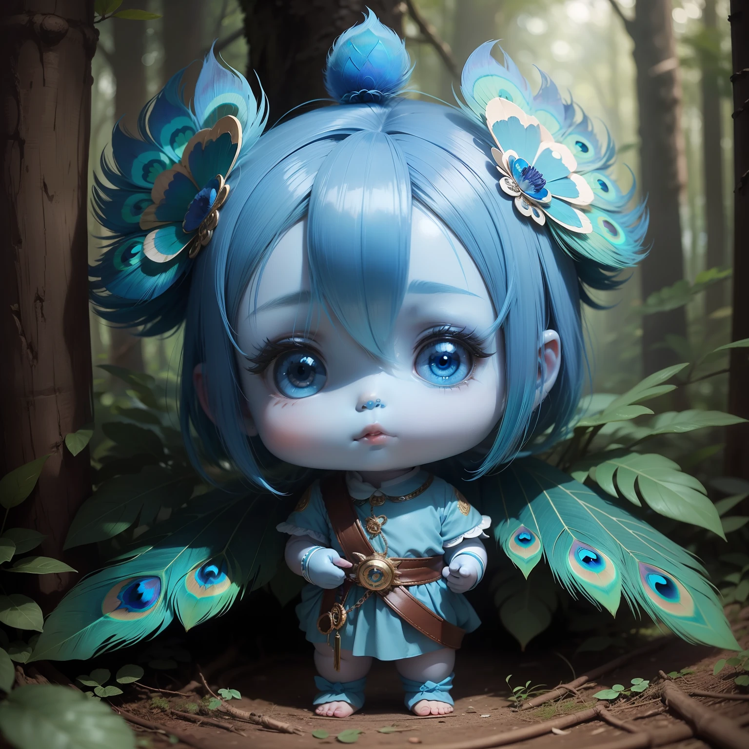 Cute Blue Skin Chibi Anime,Details of peacock feathers on the back🦚,in woods